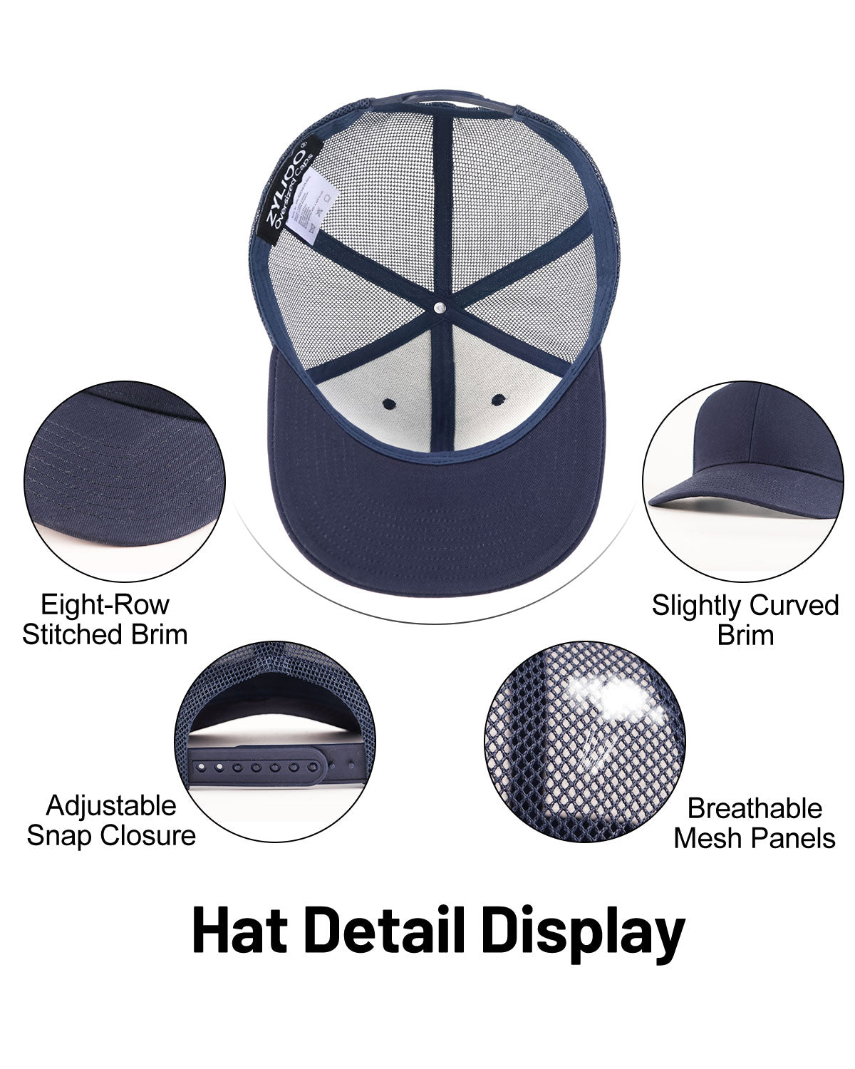 Navy blue mid profile snapback mesh trucker hat for big heads - interior sweatband detail