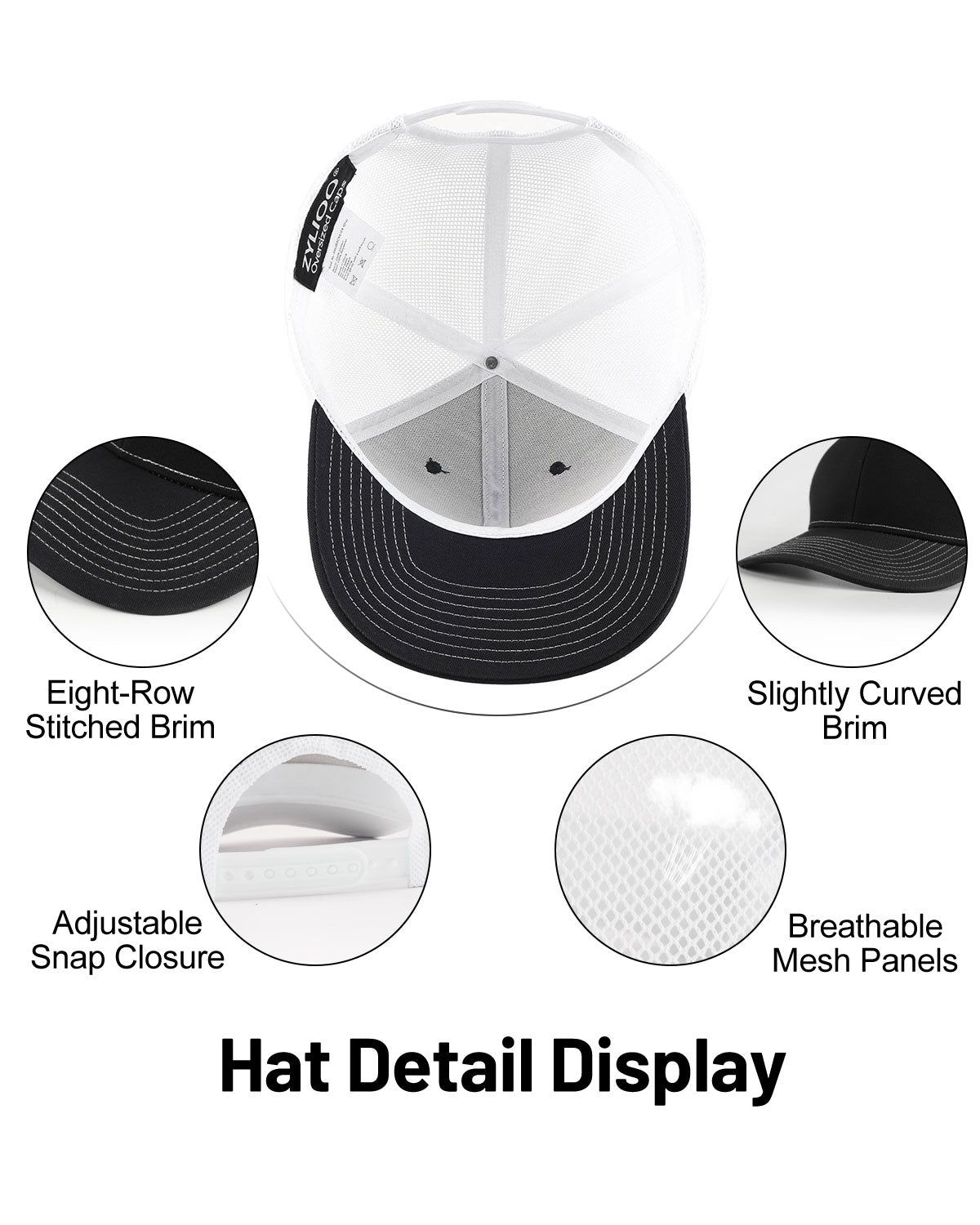 Black mid profile snapback mesh trucker hat for big heads - interior sweatband detail