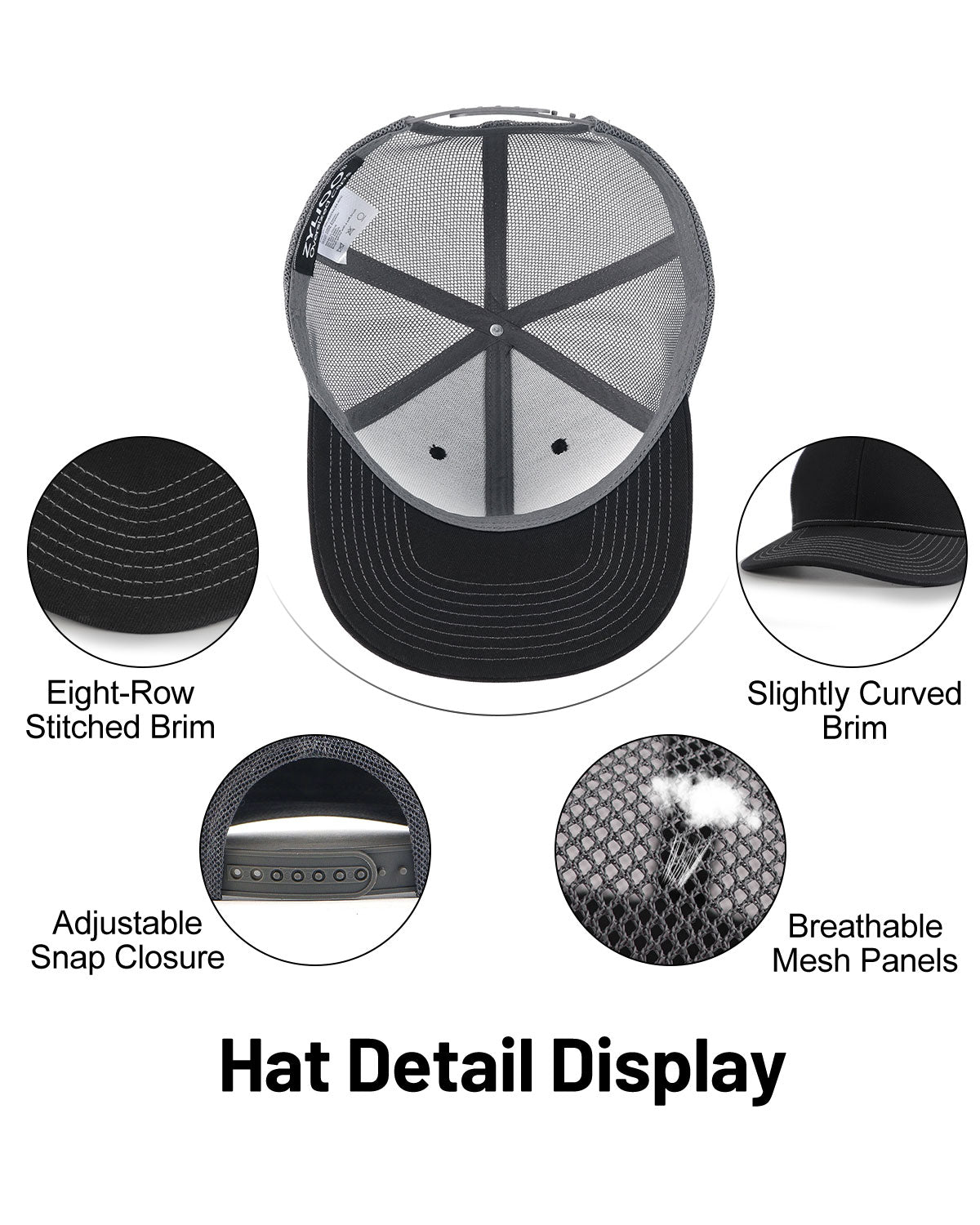 Black mid profile snapback mesh trucker hat for big heads - interior sweatband detail