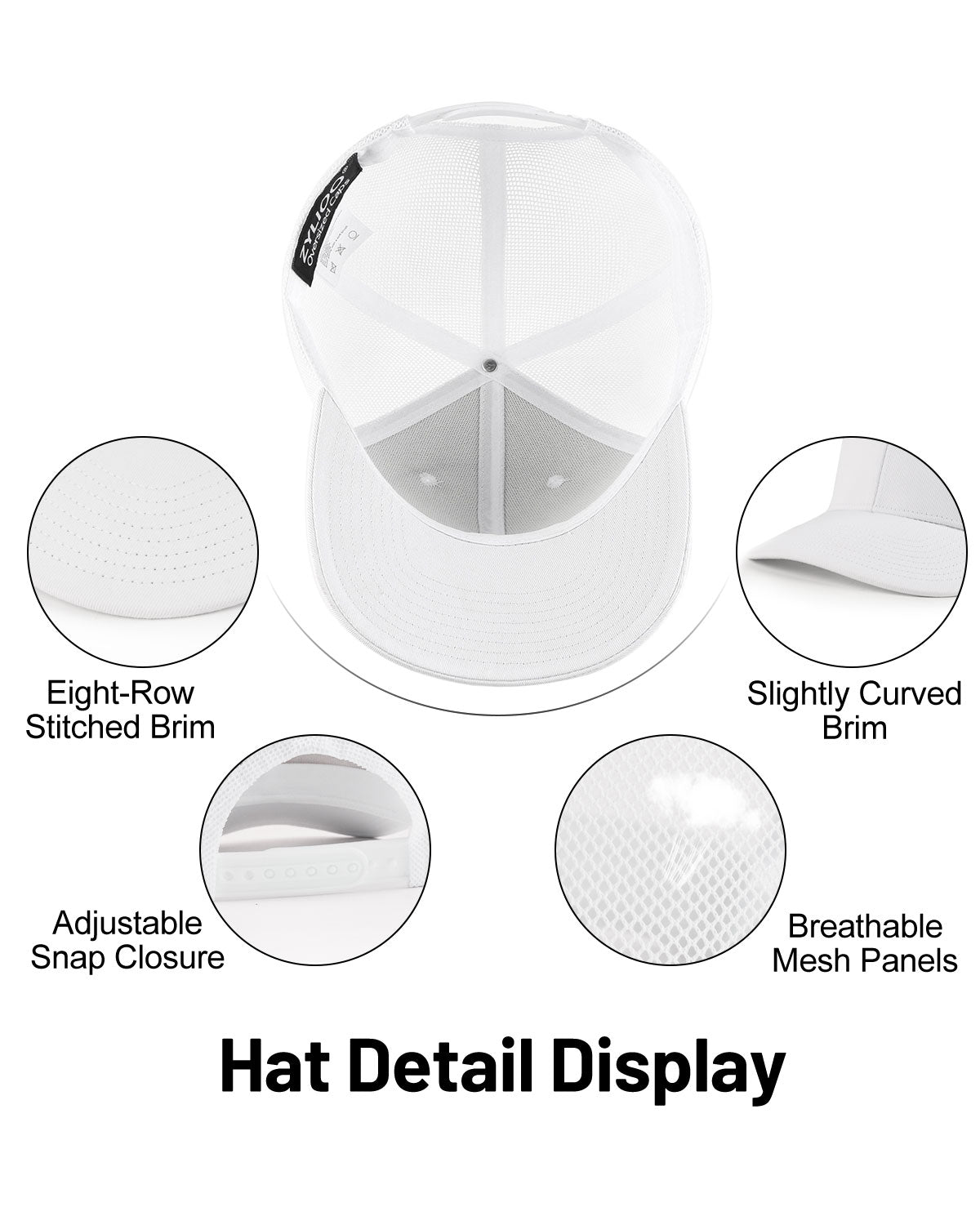 White mid profile snapback mesh trucker hat for big heads - back view with snapback detail