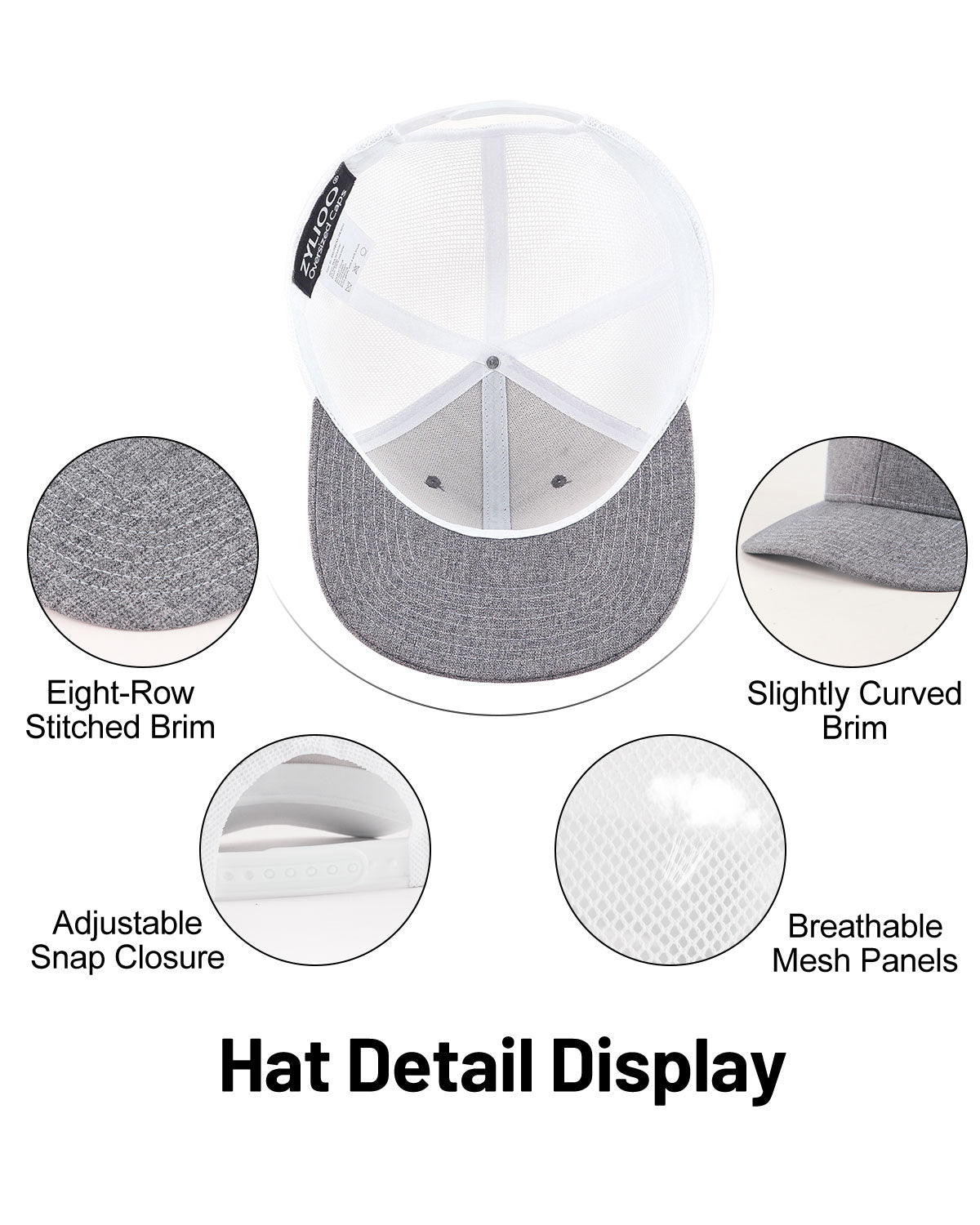  Gray mid profile snapback mesh trucker hat for big heads - interior sweatband detail