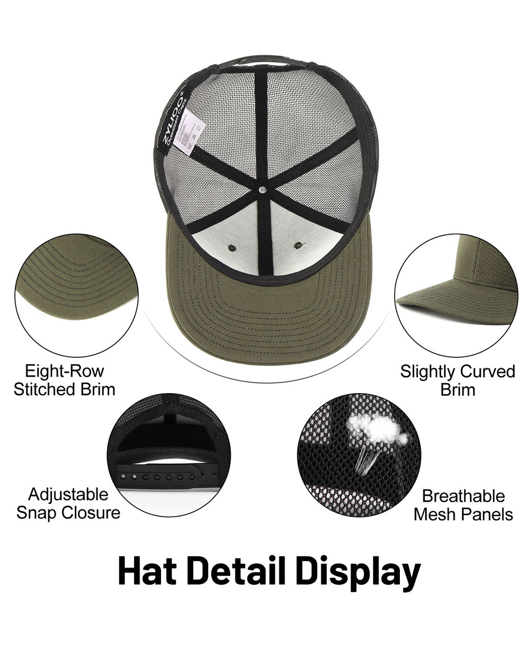 Army green black mid profile snapback mesh trucker hat for big heads - interior sweatband detail