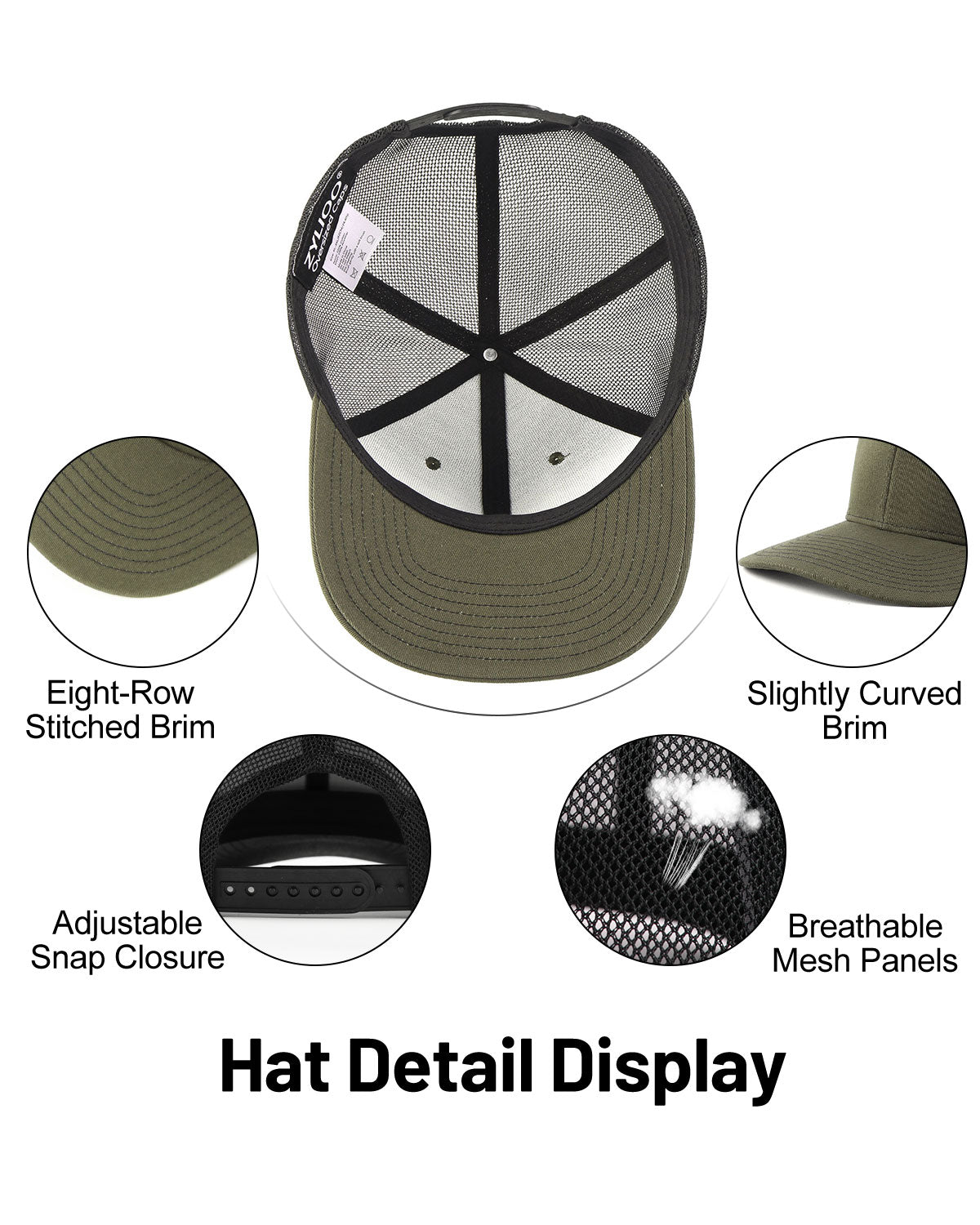 Army green black mid profile snapback mesh trucker hat for big heads - interior sweatband detail