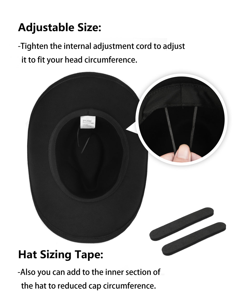 Black felt cowboy hat for big heads - interior sweatband detail