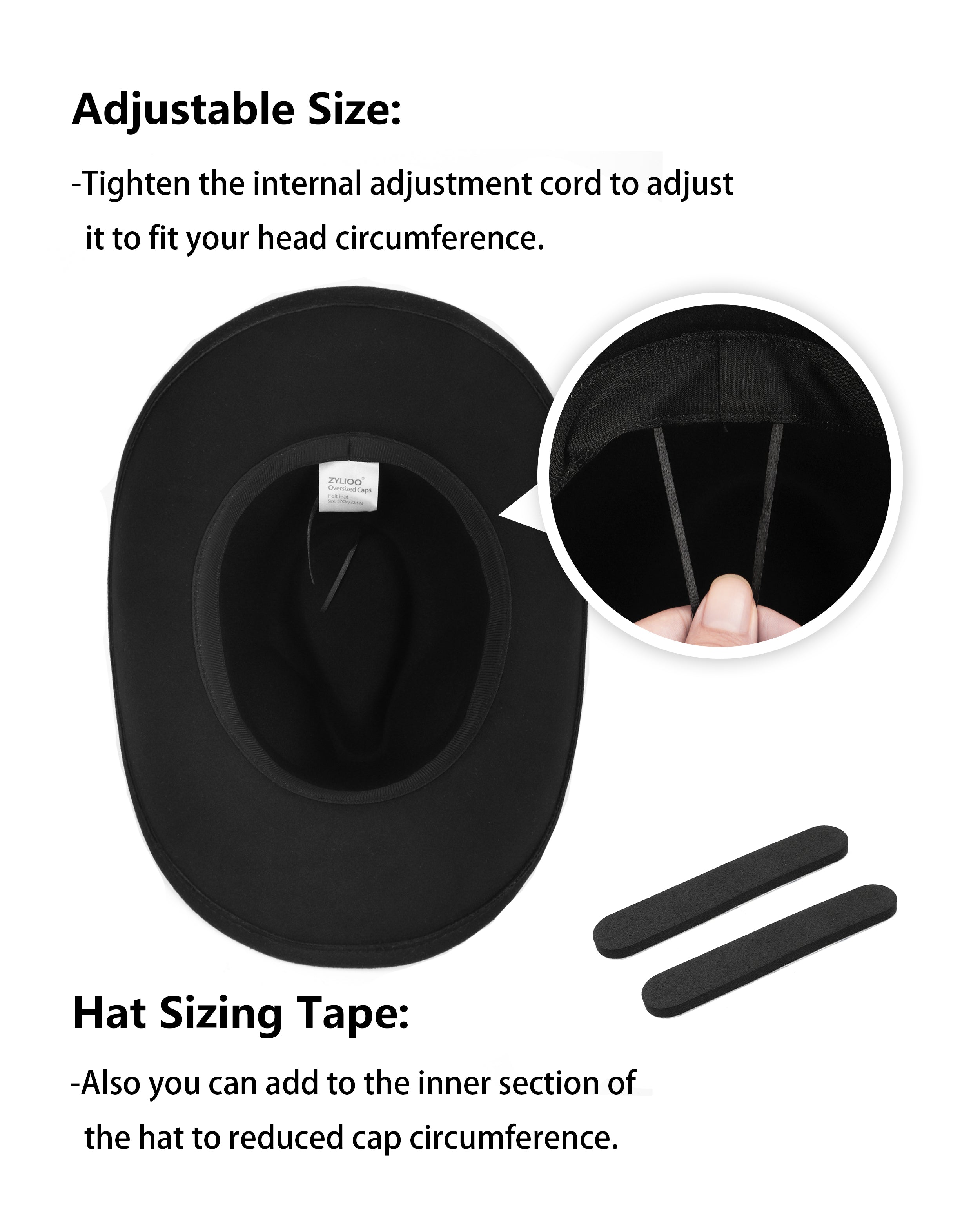 Black felt cowboy hat for big heads - interior sweatband detail