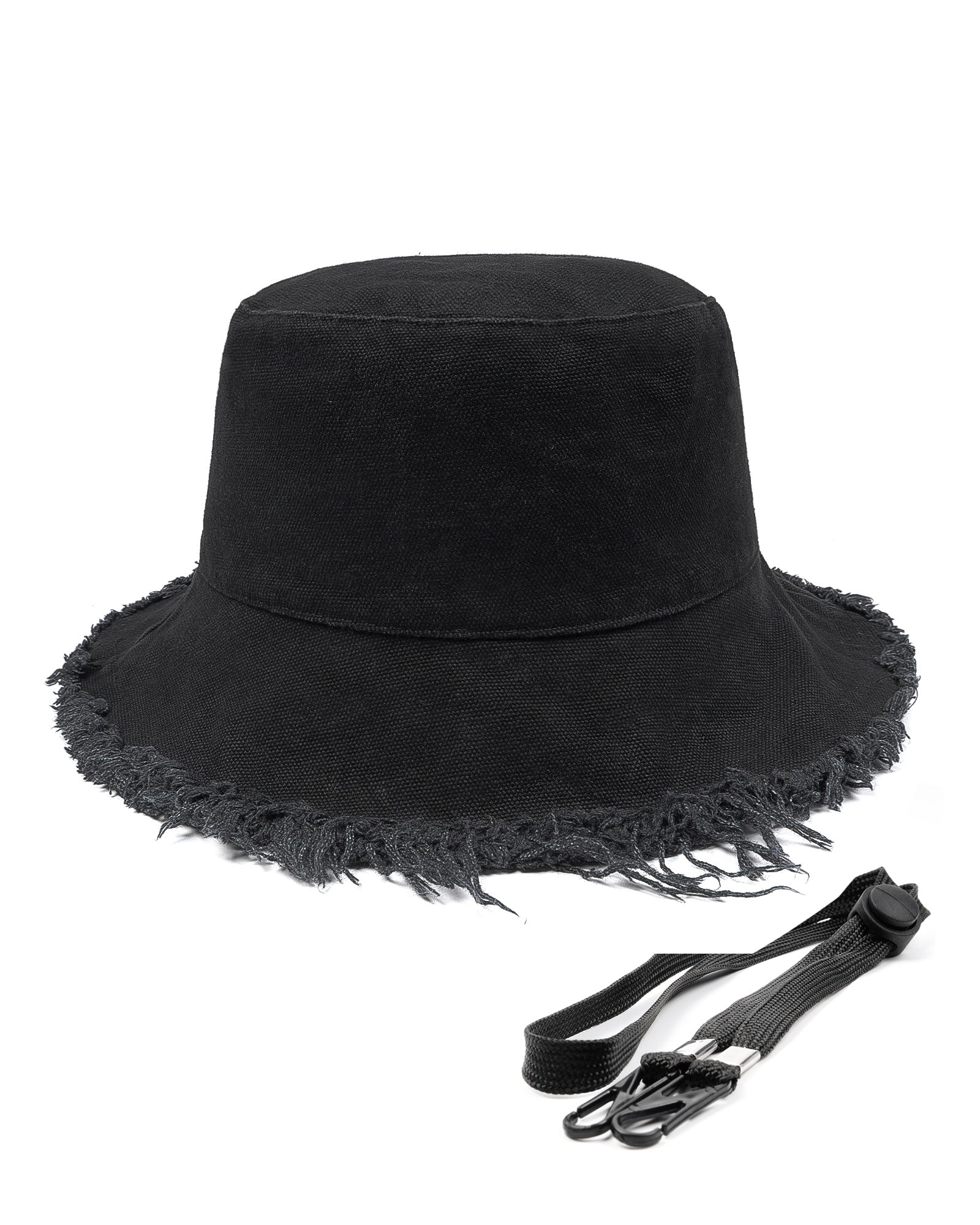  Black fringe bucket hat side view - textured trim and wide brim coverage