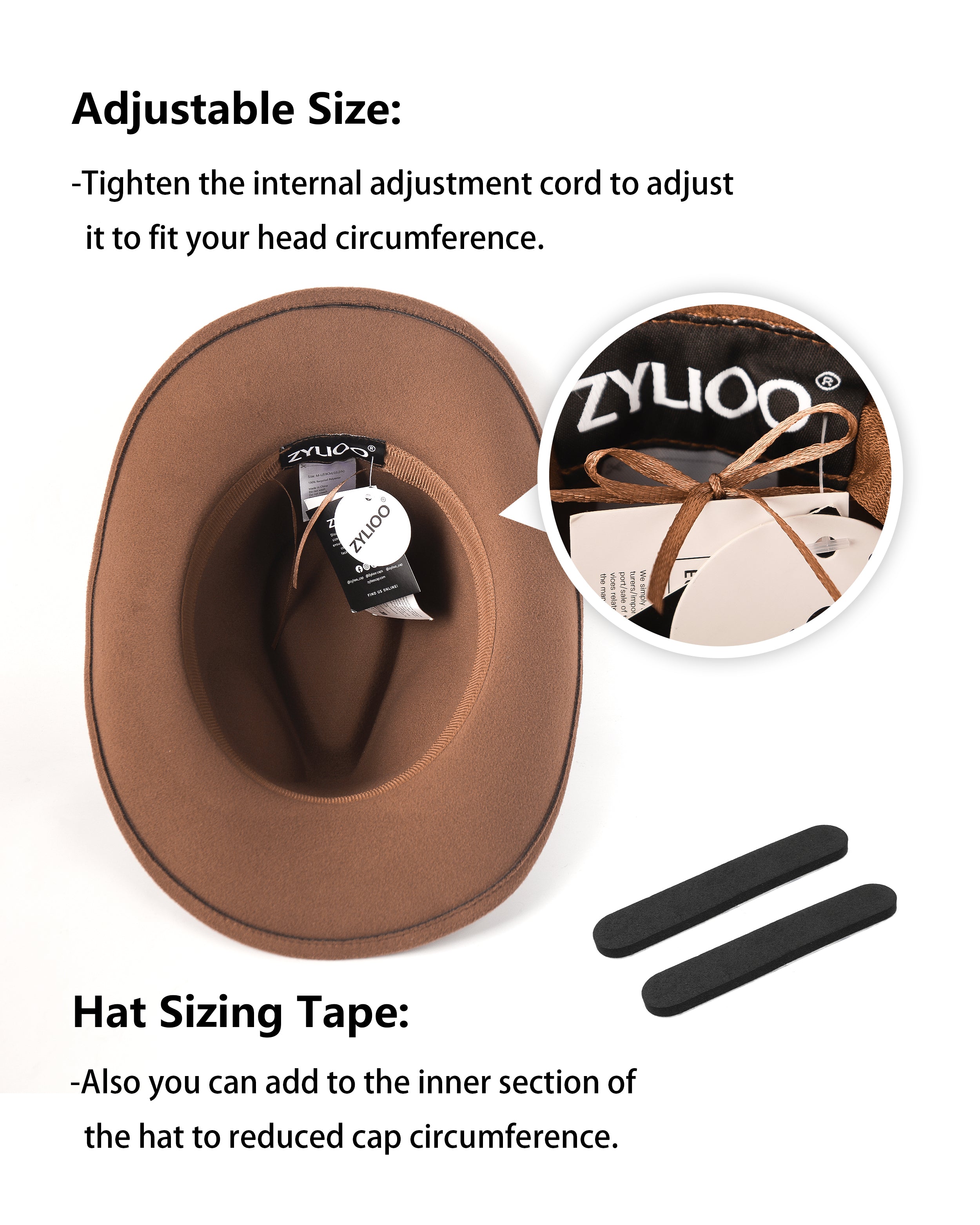 Brown felt cowboy hat for big heads - interior sweatband detail