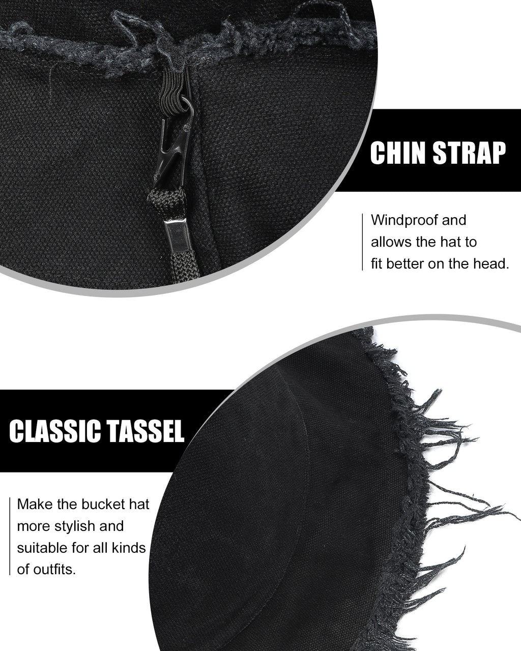  Black fringe bucket hat side view - textured trim and wide brim coverage