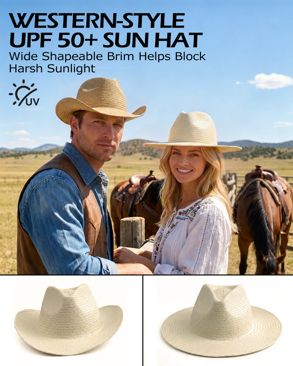 Zylioo western style straw cowboy hat with wide brim for summer sun protection