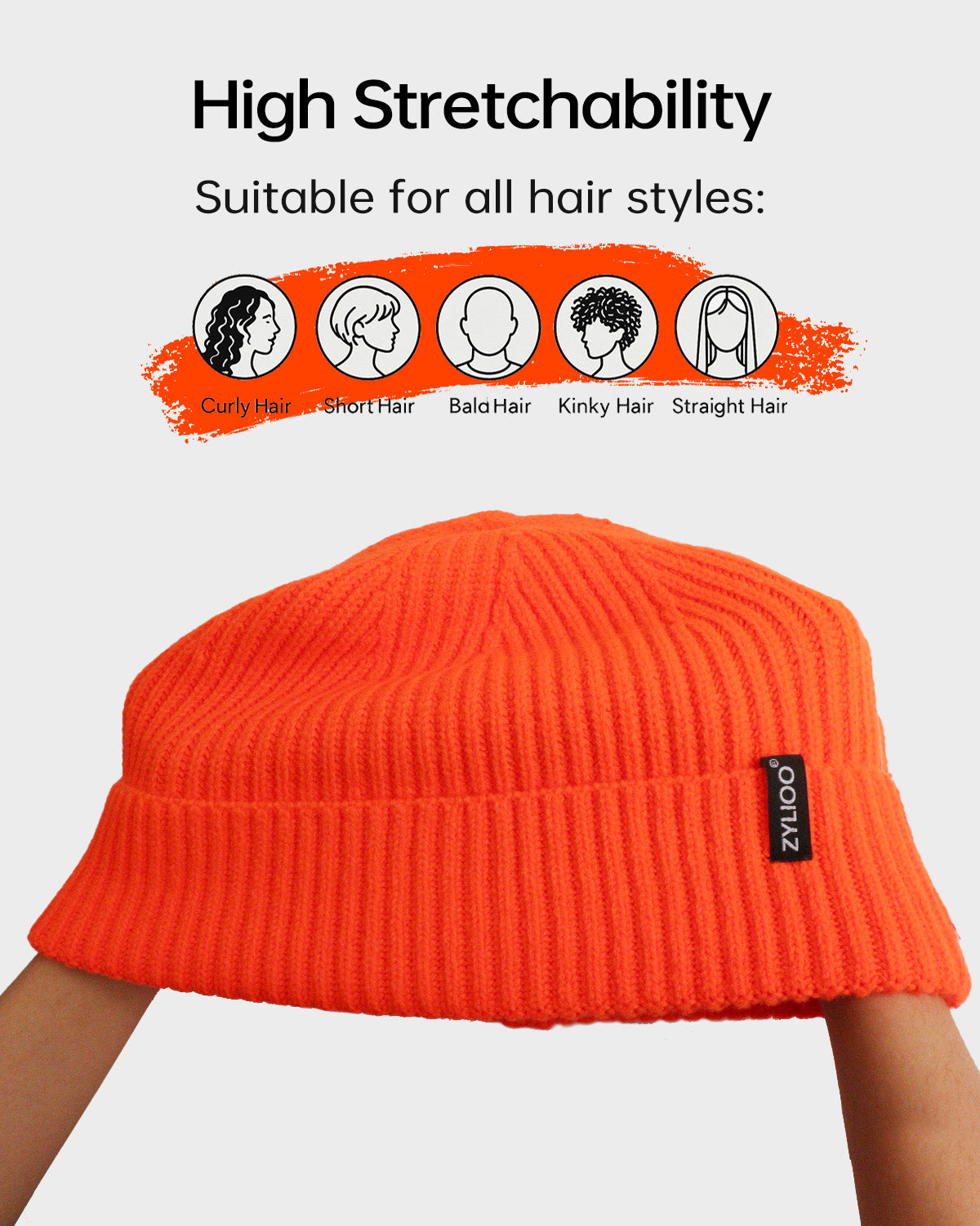 Orange ribbed knit beanie for big heads - stretchy ribbed fabric detail