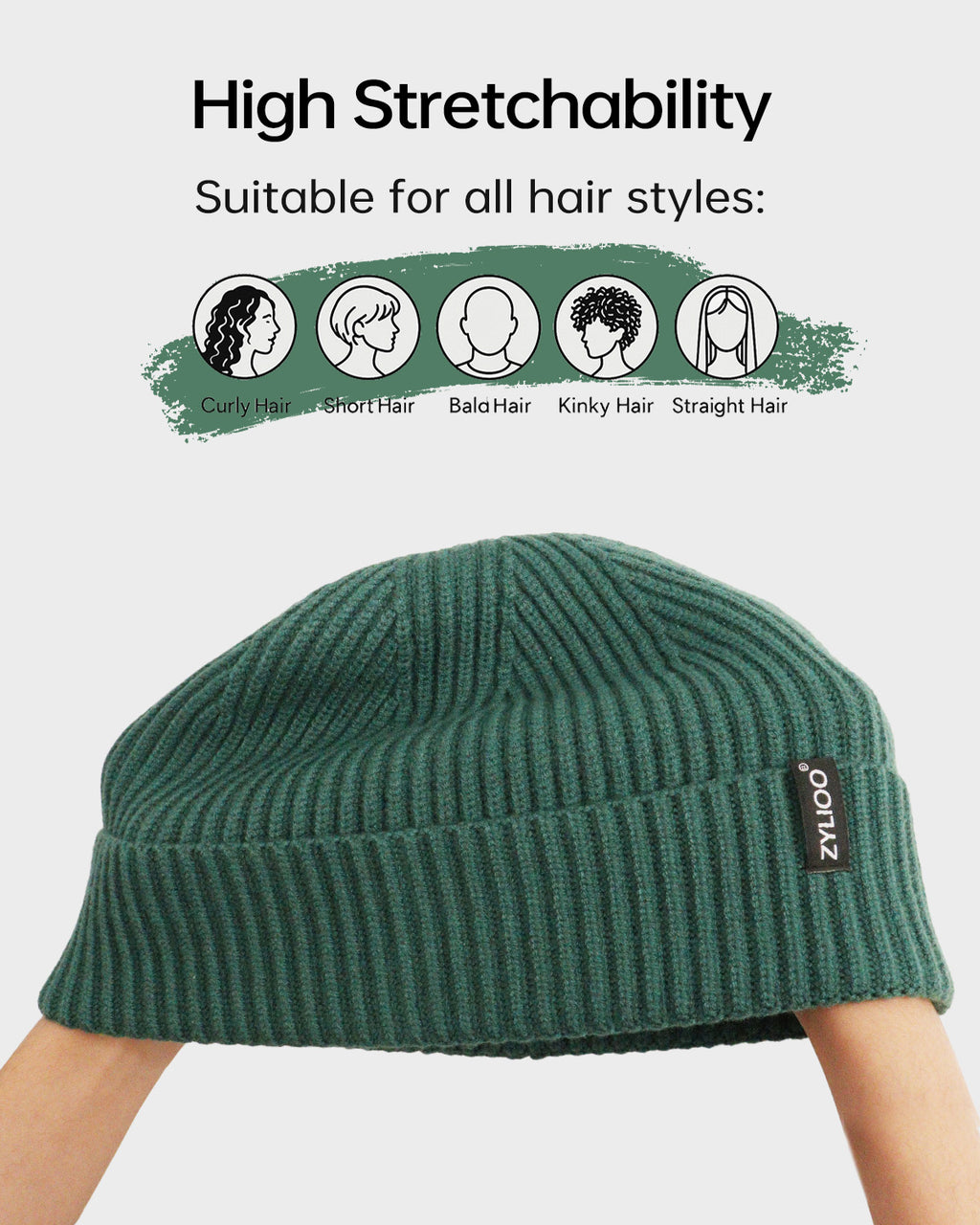 Green ribbed knit beanie for big heads - stretchy ribbed fabric detail