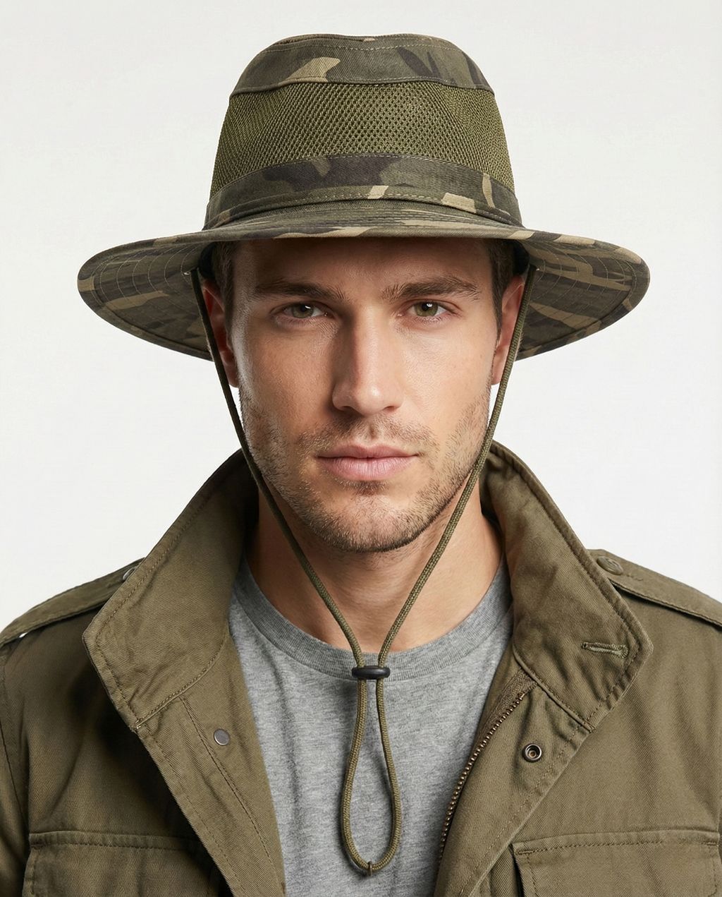Person wearing army green wide brim safari hat outdoor style