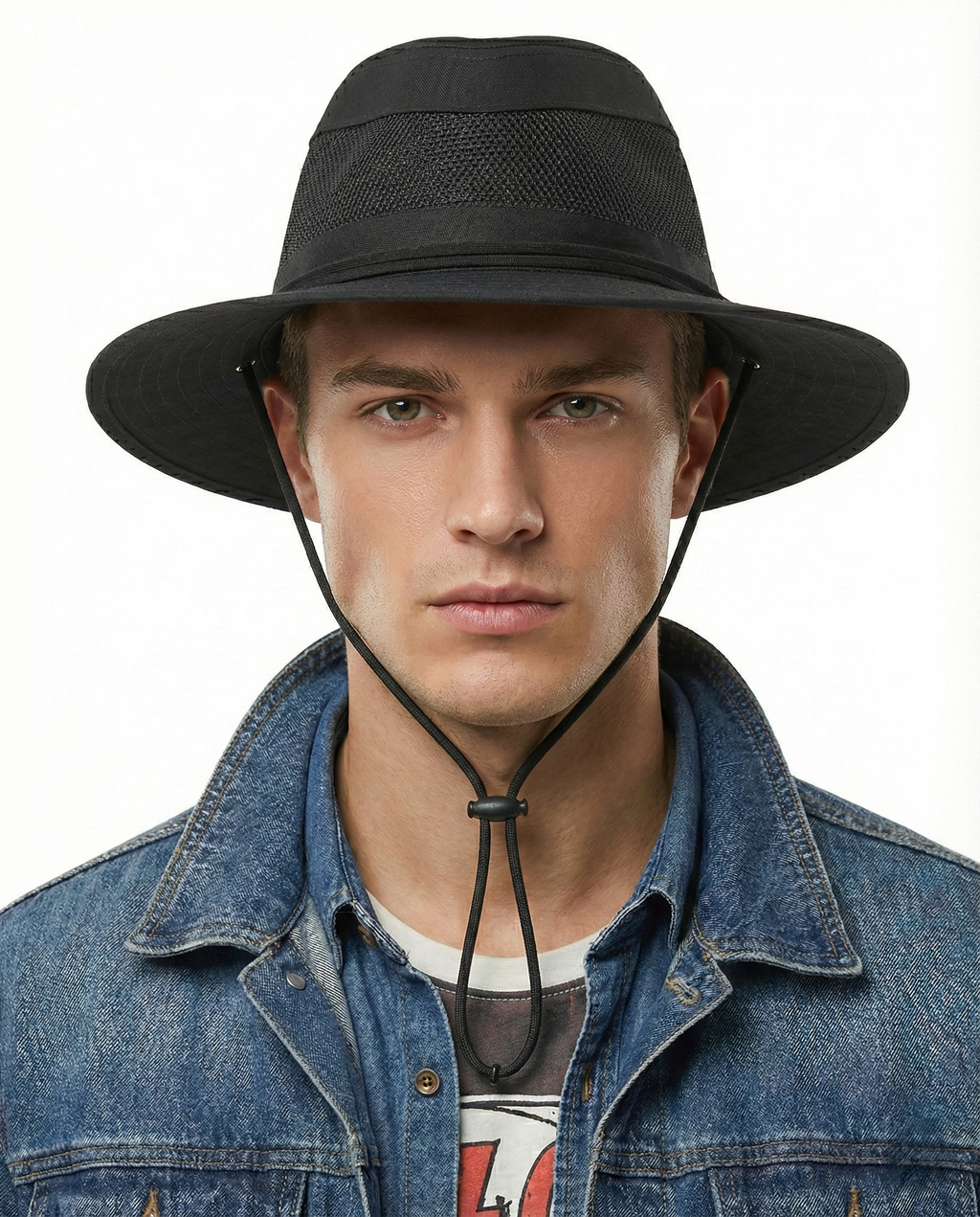 Person wearing black wide brim safari hat outdoor style
