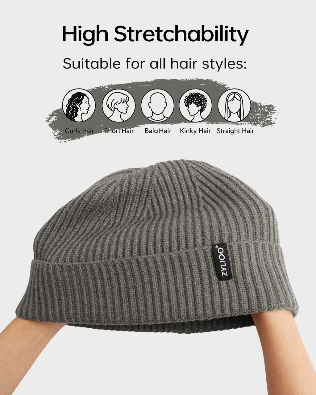 Gray green ribbed knit beanie for big heads - stretchy ribbed fabric detail