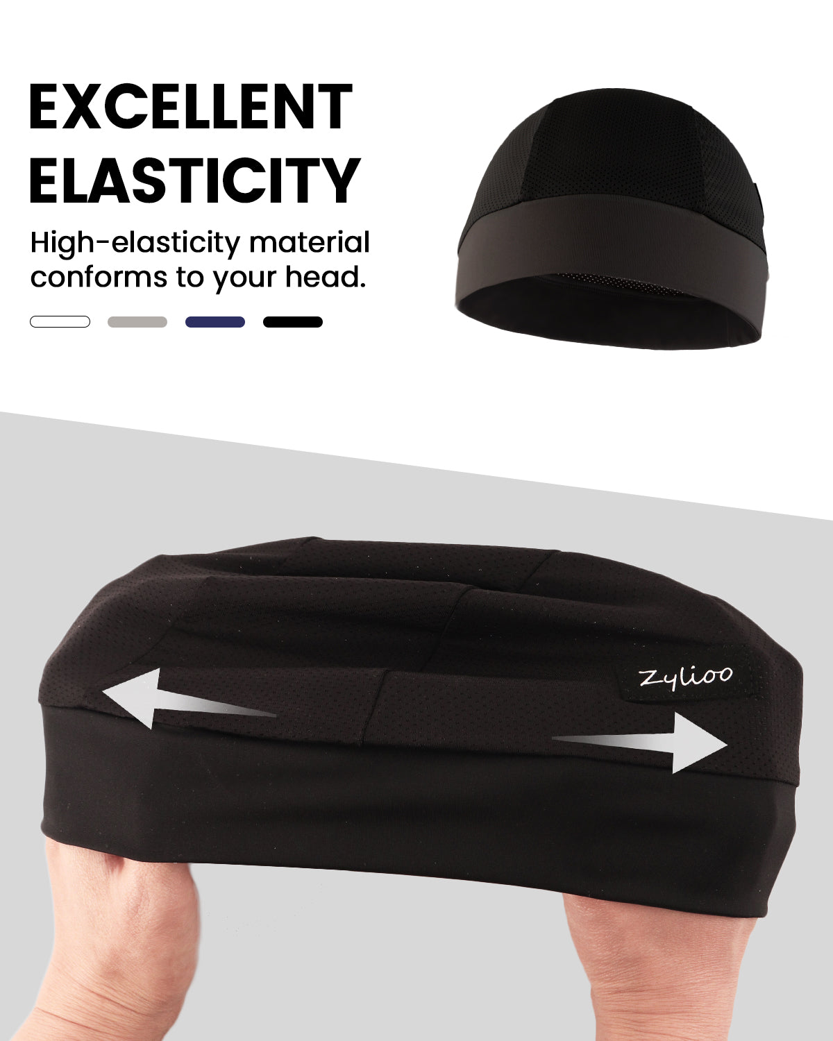 Black cooling cycling skull cap for big heads - stretchy fabric detail