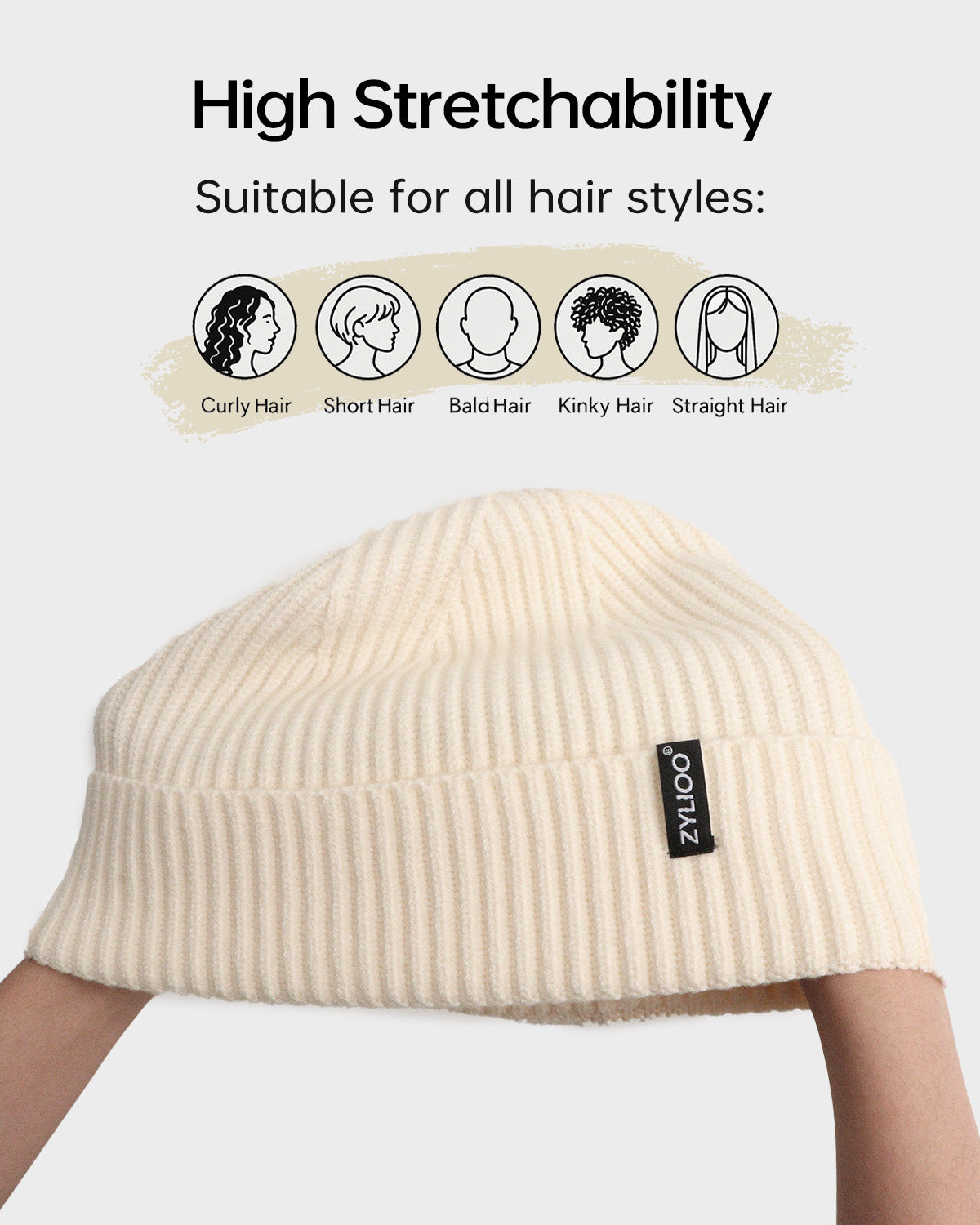 Beige ribbed knit beanie for big heads - stretchy ribbed fabric detail