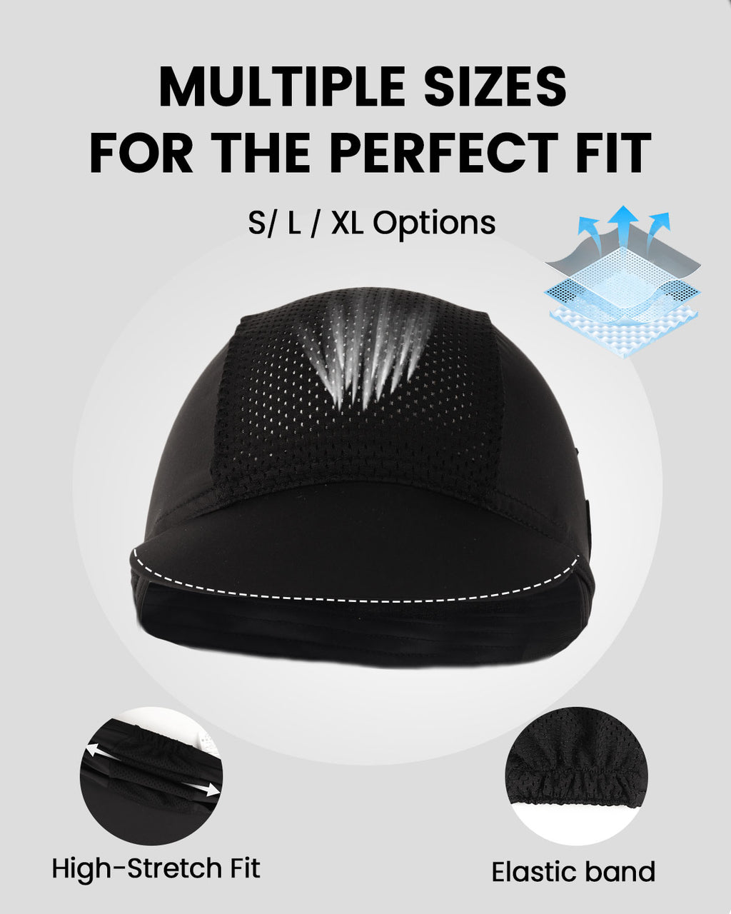 Black lightweight cycling cap for big heads - interior sweatband detail