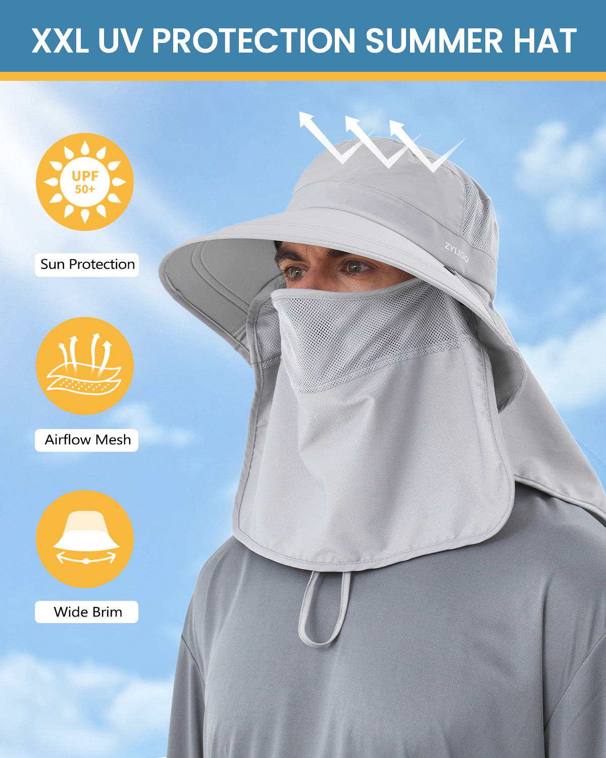  Light gray wide brim sun hat for big heads - breathable mesh ventilation detail