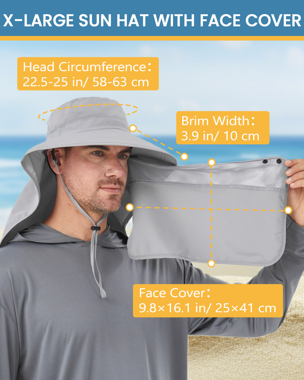 Light gray wide brim sun hat for big heads - detachable face mask shield display