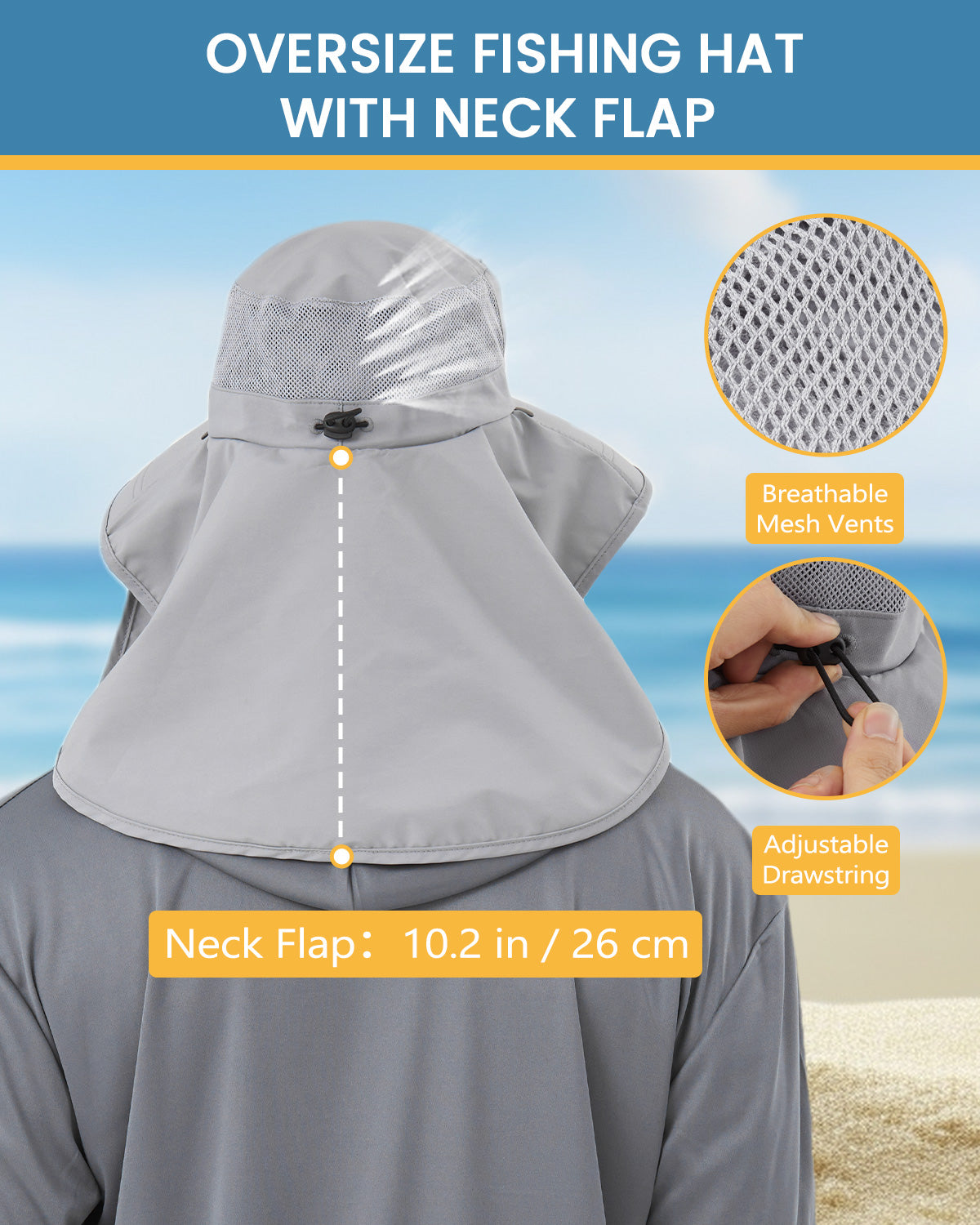 Light gray wide brim sun hat for big heads XXL - back view