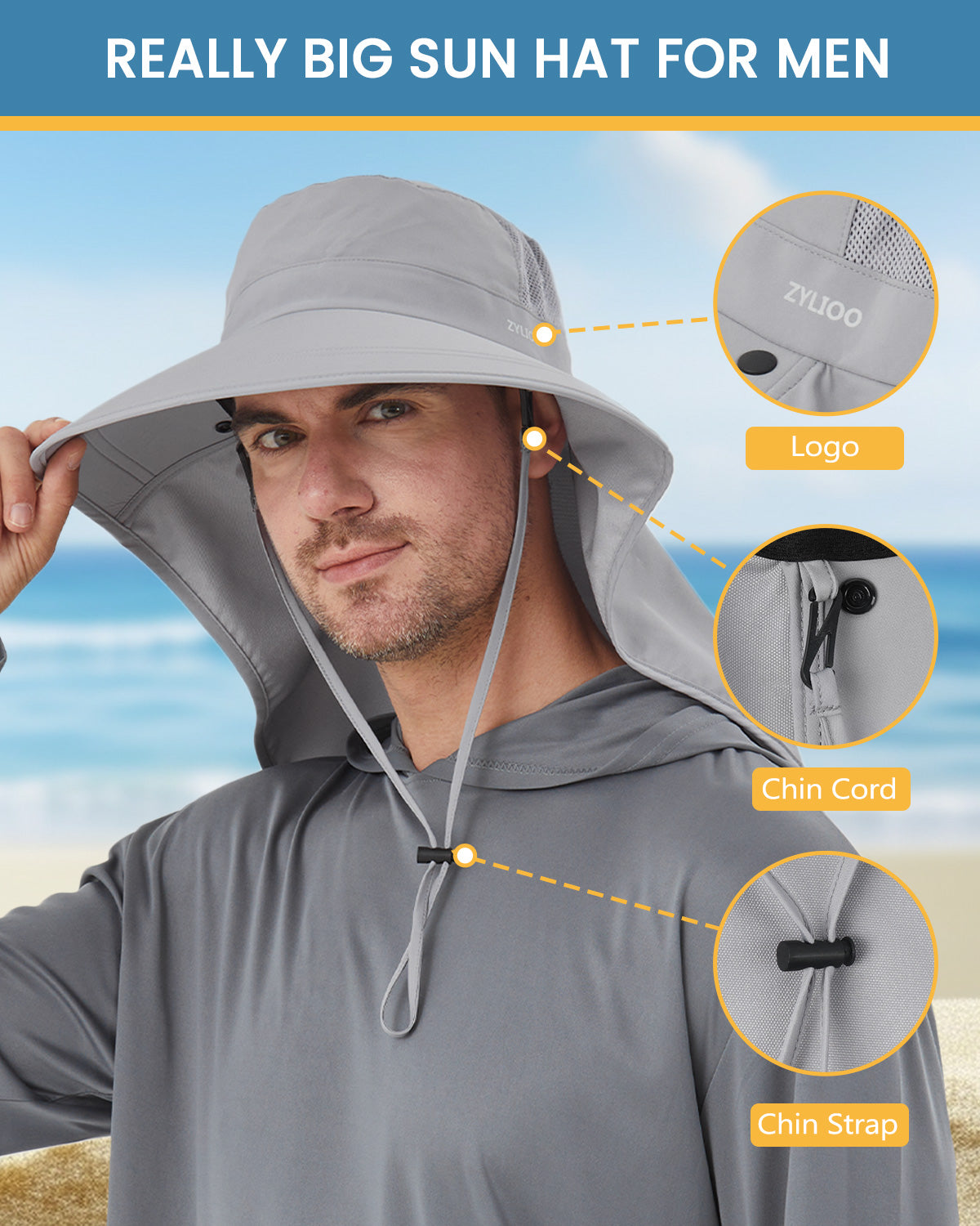 Light gray wide brim sun hat for big heads - adjustable chin strap windproof detail