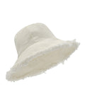 Reversible white fringe bucket hat for big heads - front view showing textured fringe detail