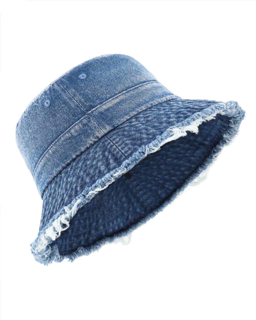 Blue washed denim fringe bucket hat for big heads front view