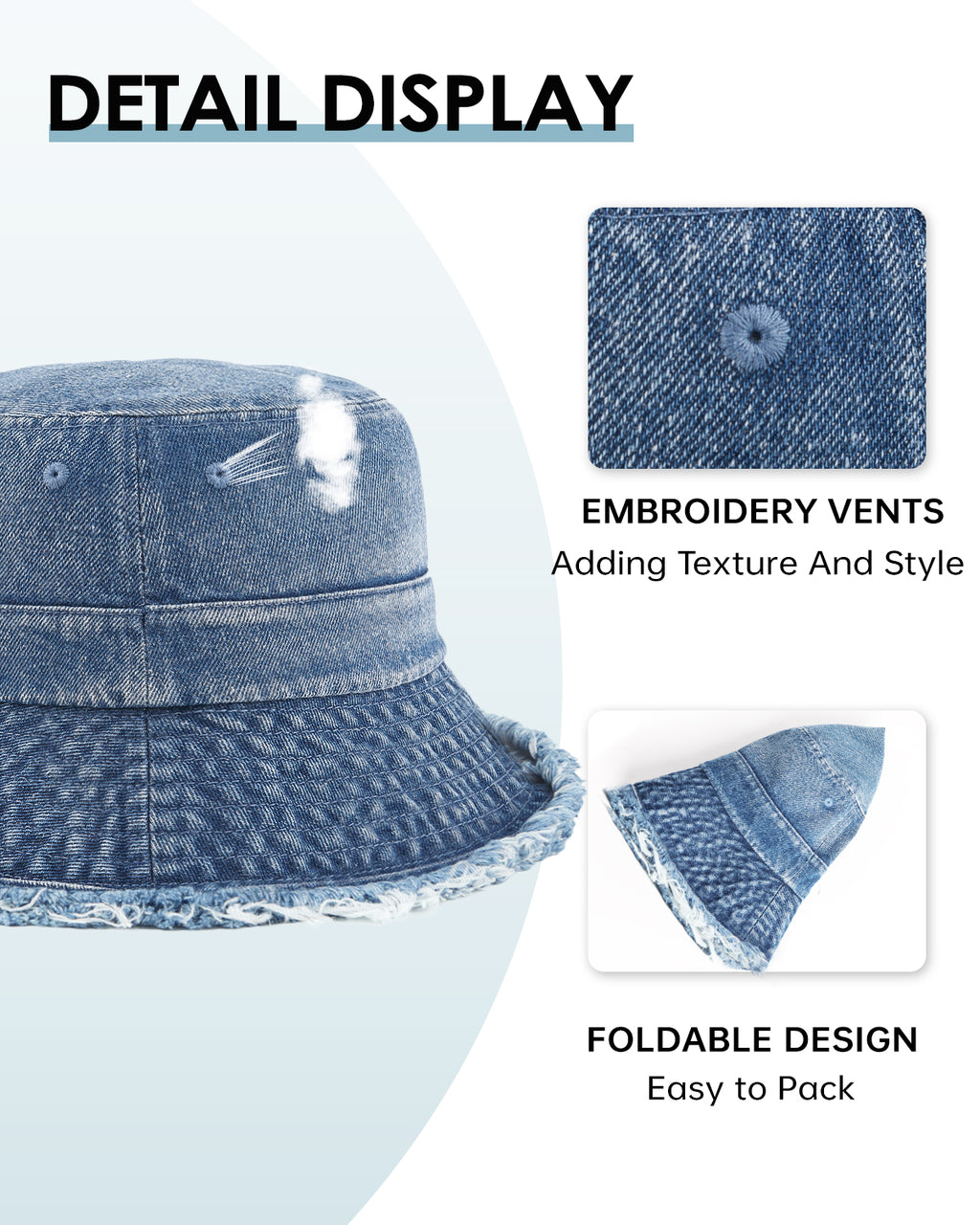Blue denim bucket hat fringe trim and stitching detail close-up
