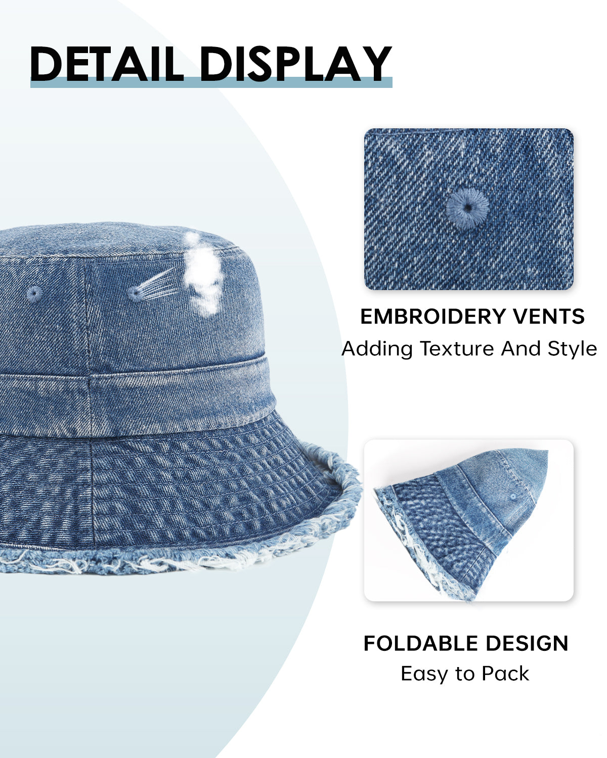 Blue denim bucket hat fringe trim and stitching detail close-up