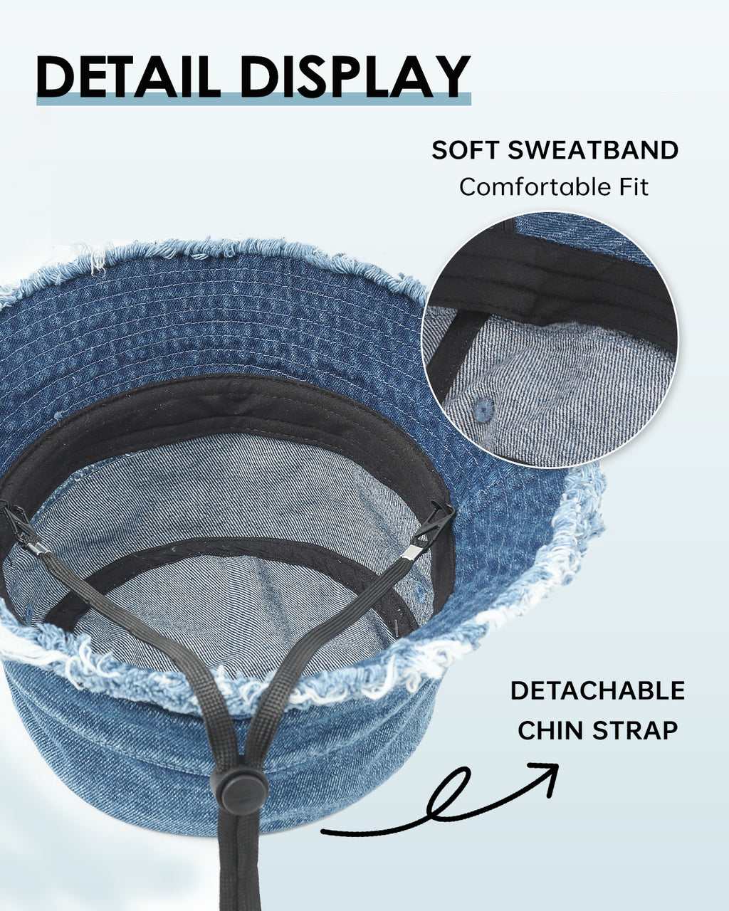 Blue denim bucket hat fringe trim and stitching detail close-up