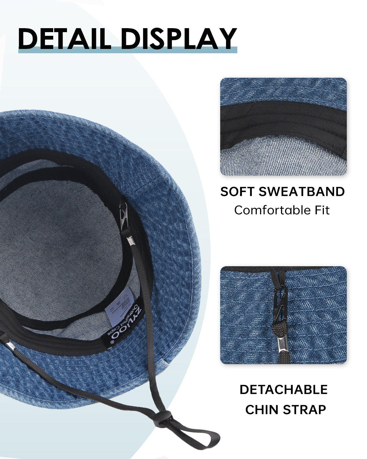  Washed denim fringe bucket hat interior lining and construction detail