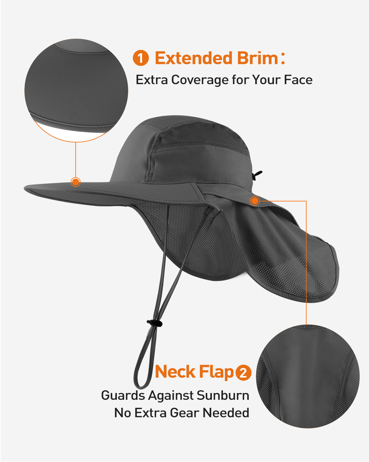 Dark gray sun hat with neck flap side view showing brim coverage
