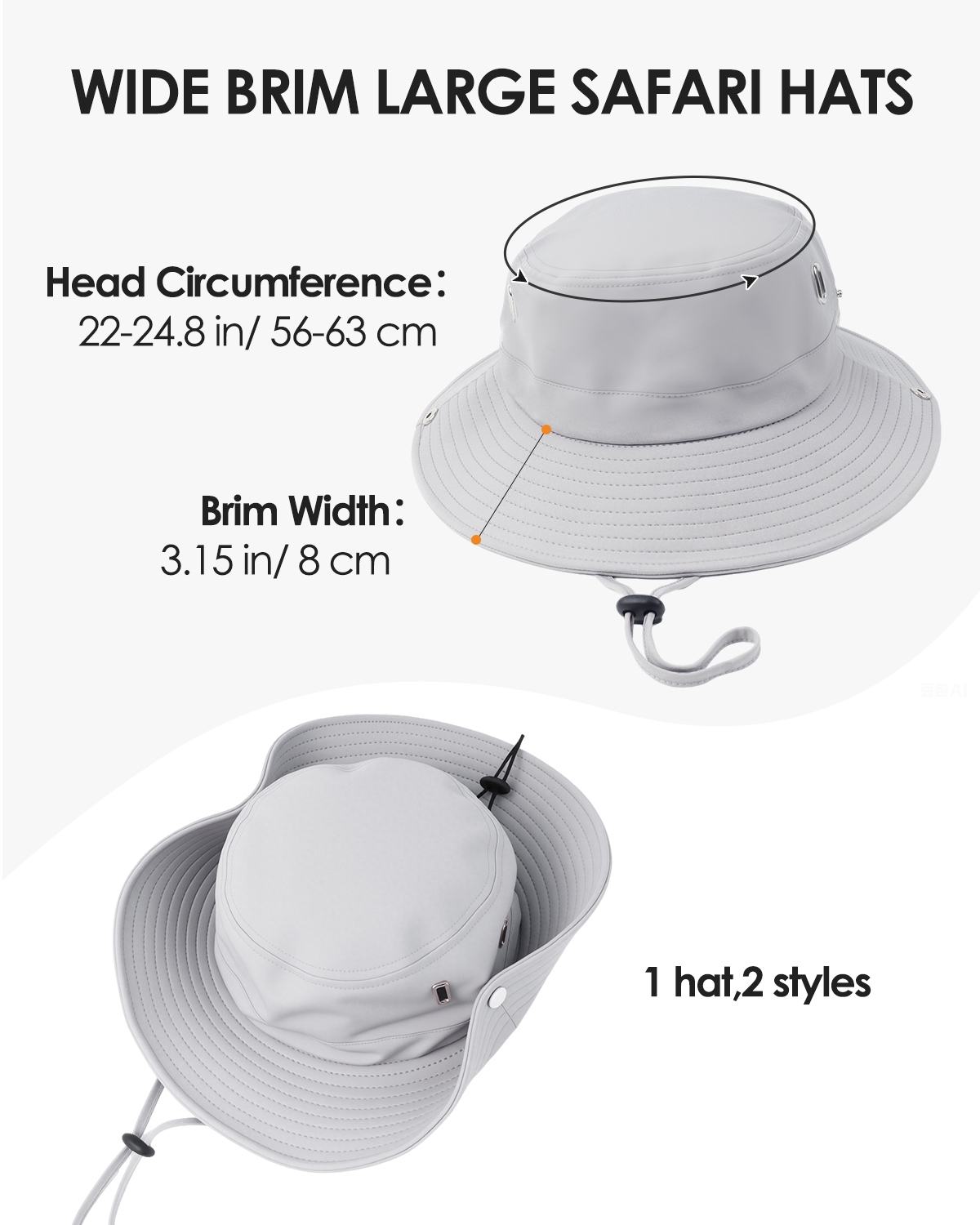 Grey waterproof boonie hat for big heads - brim snap button detail
