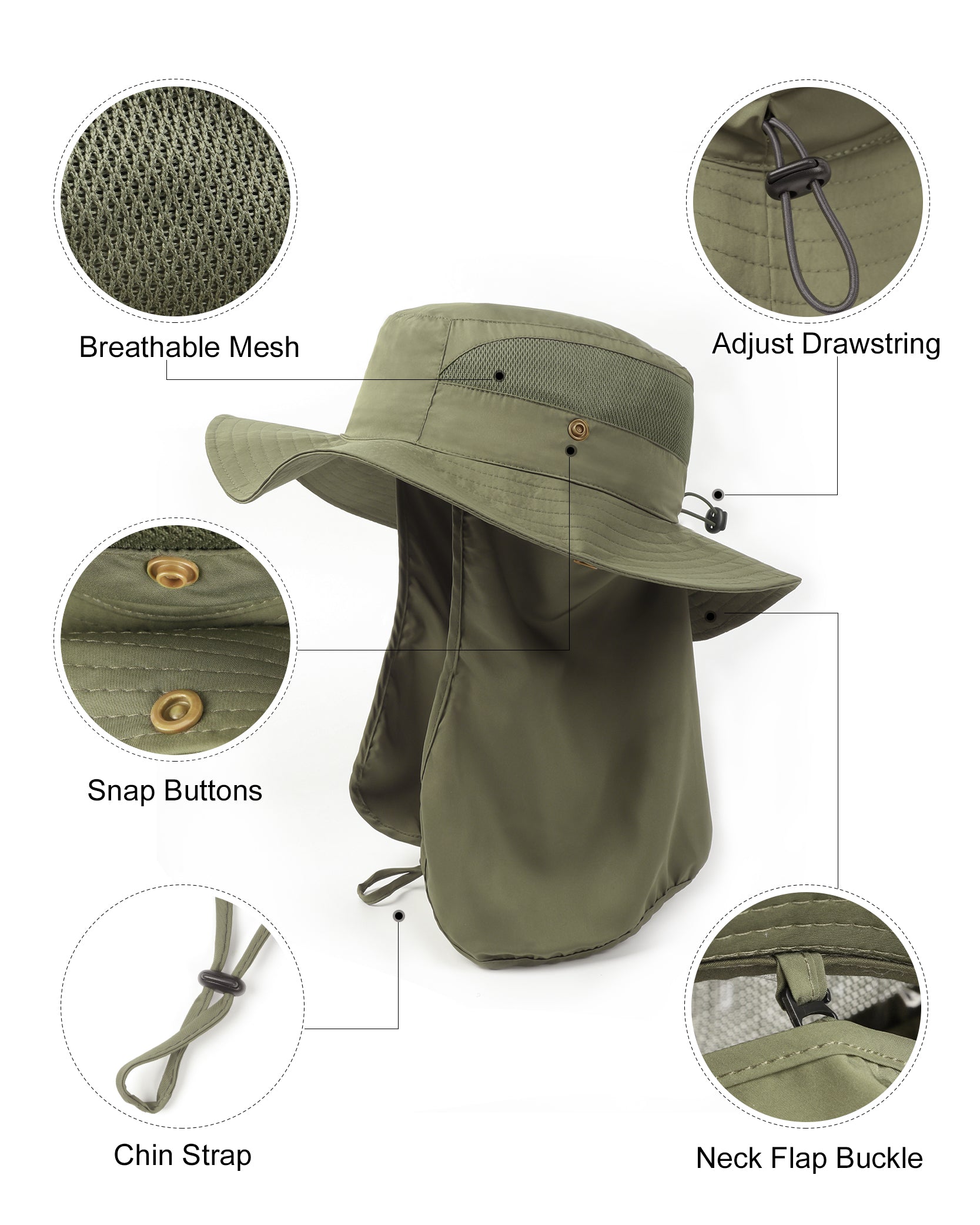 Army green neck flap sun hat for big heads - side view with drawstring chin strap and adjustment details