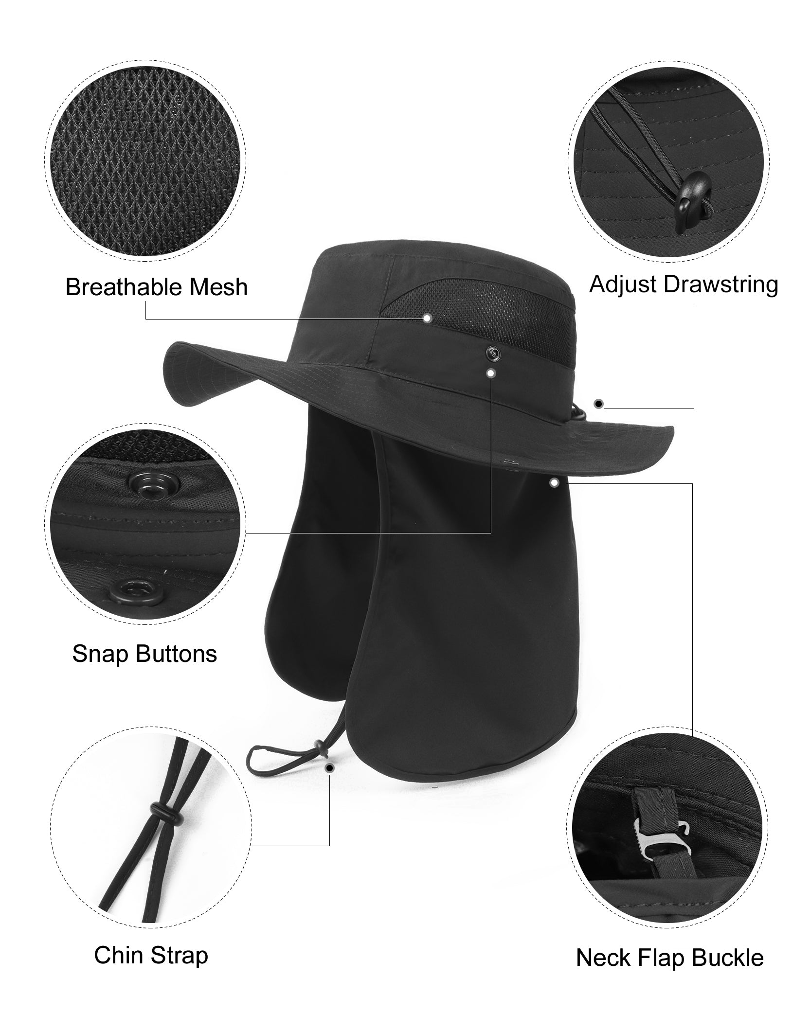 Black neck flap sun hat for big heads - side view with drawstring chin strap and adjustment details