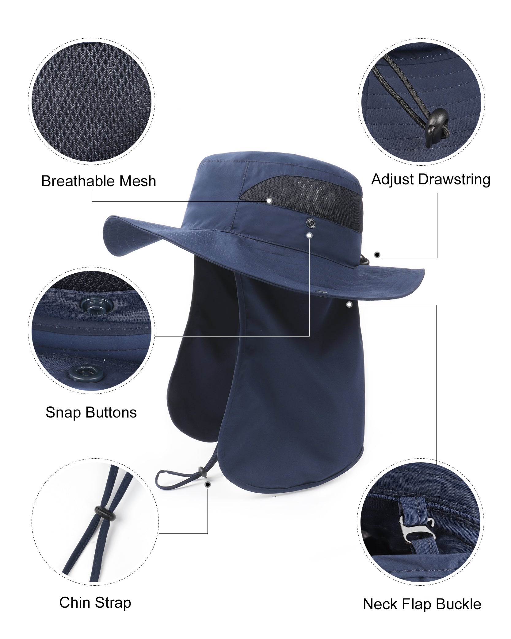  Navy blue neck flap sun hat for big heads - side view with drawstring chin strap and adjustment detail