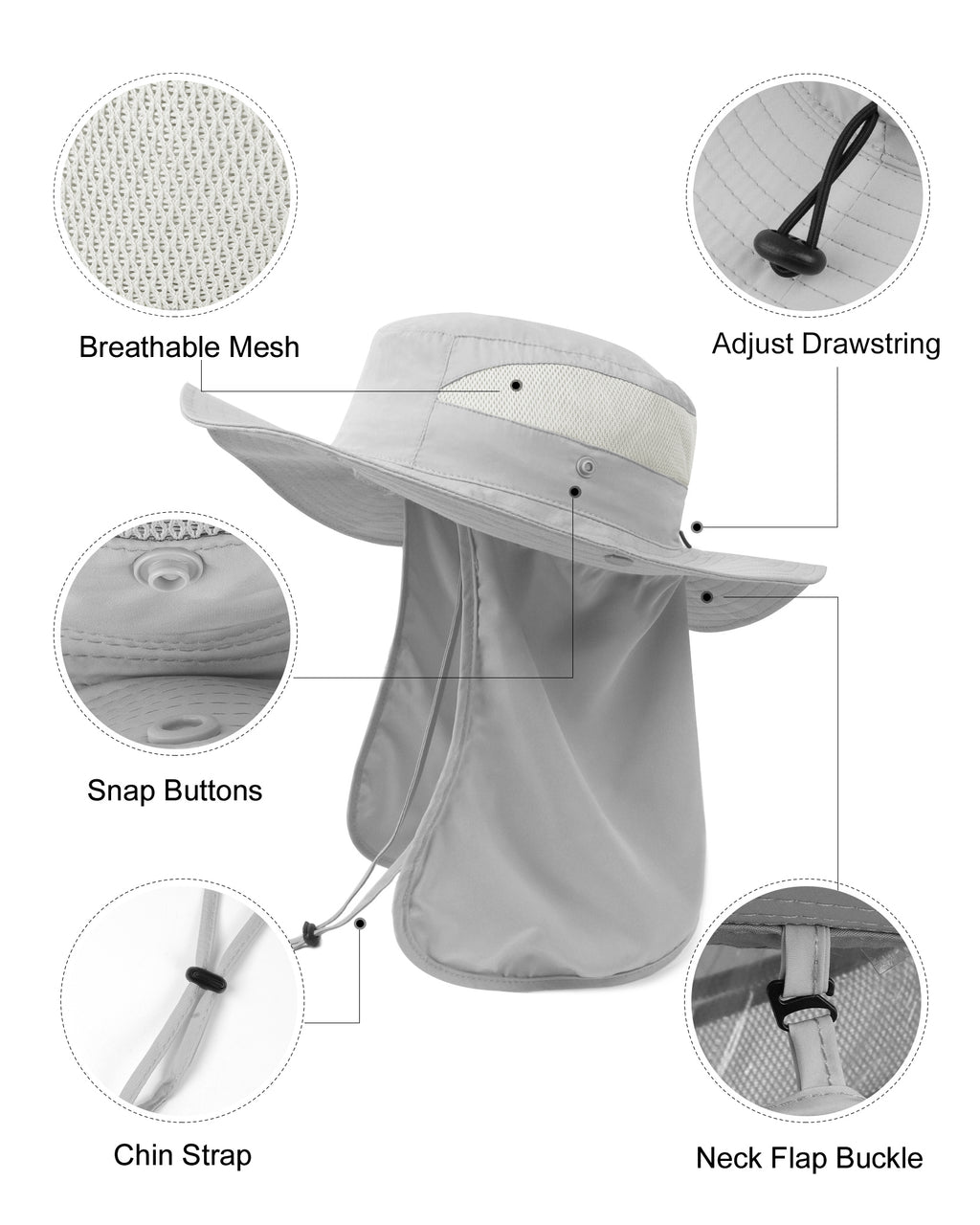  Light gray neck flap sun hat for big heads - side view with drawstring chin strap and adjustment details