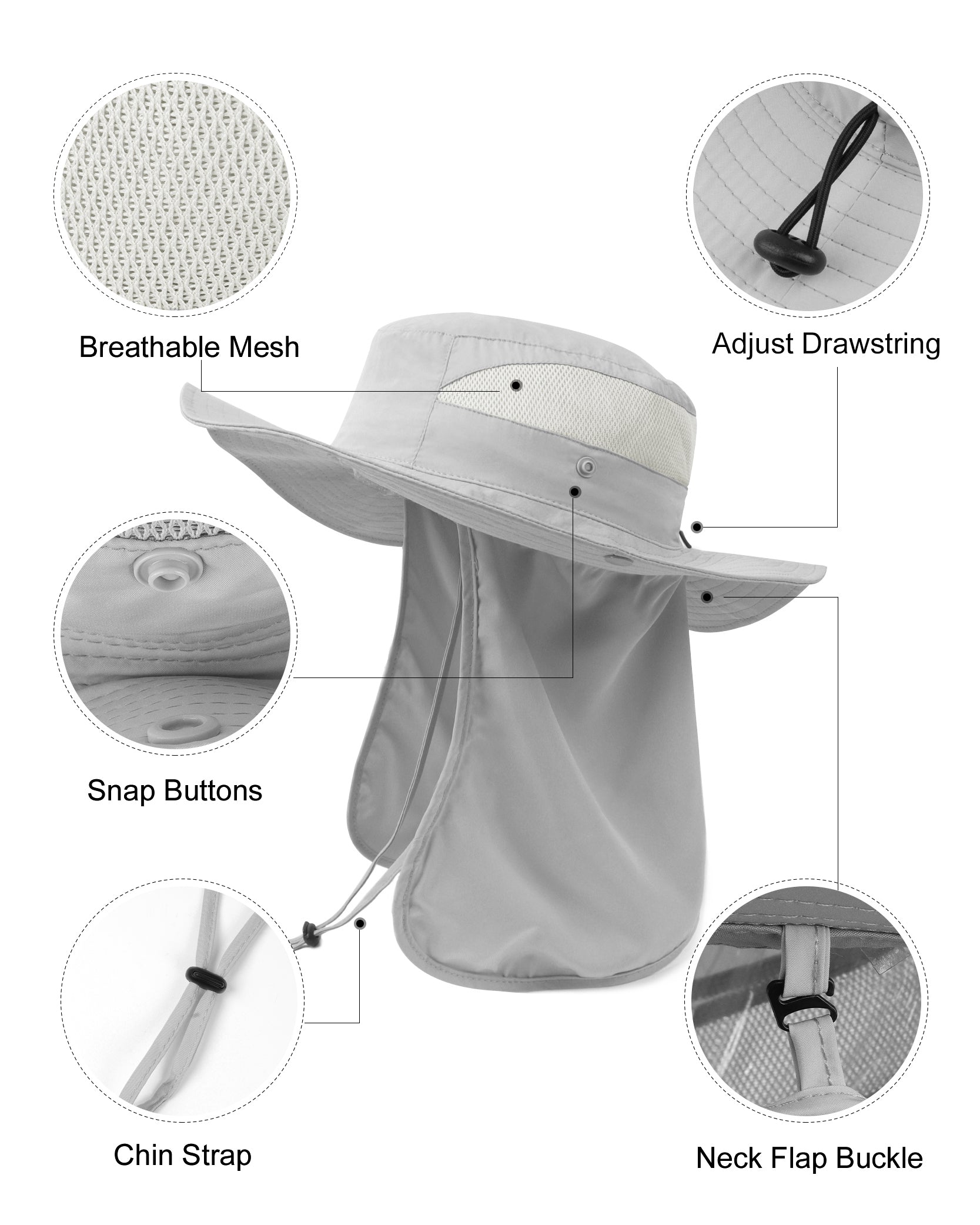  Light gray neck flap sun hat for big heads - side view with drawstring chin strap and adjustment details
