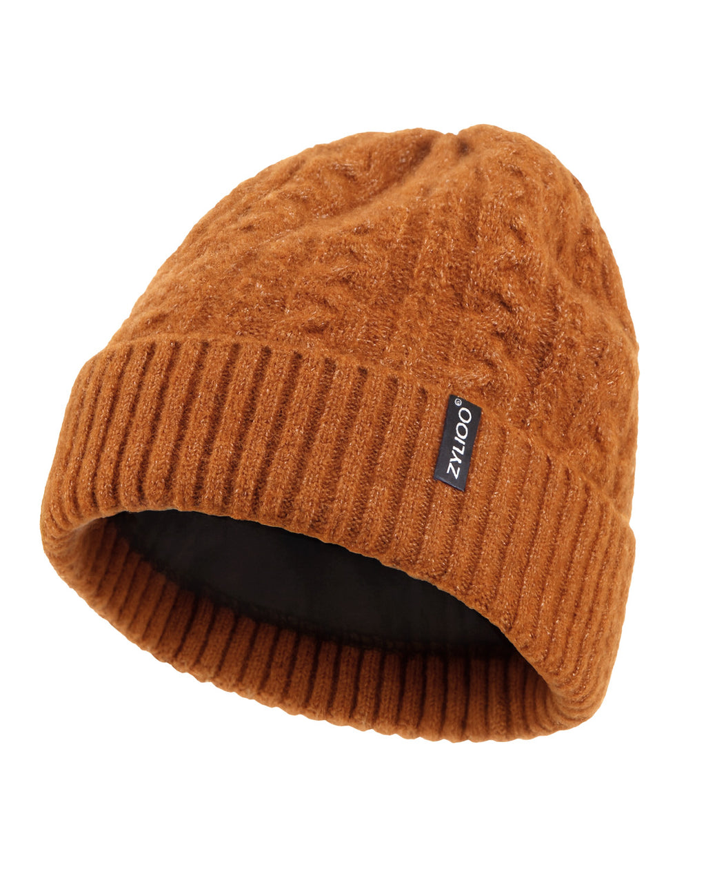 Brown fleece-lined cable beanie for big heads XXL - flat lay display - Zylioo