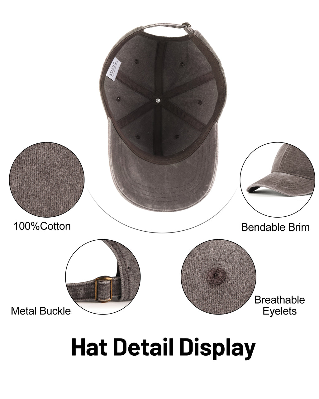 Coffee washed denim baseball cap for big heads - interior sweatband detail