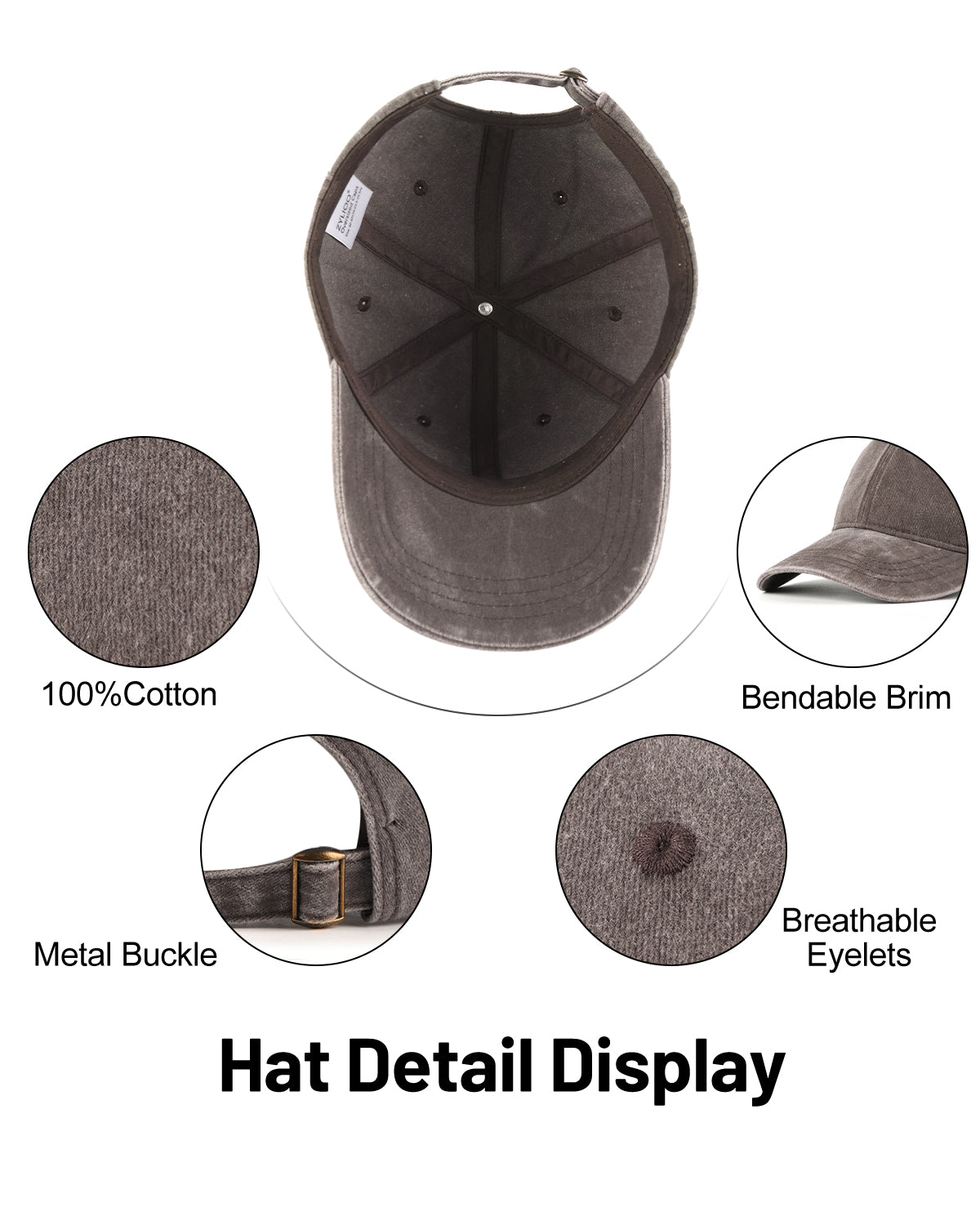 Coffee washed denim baseball cap for big heads - interior sweatband detail