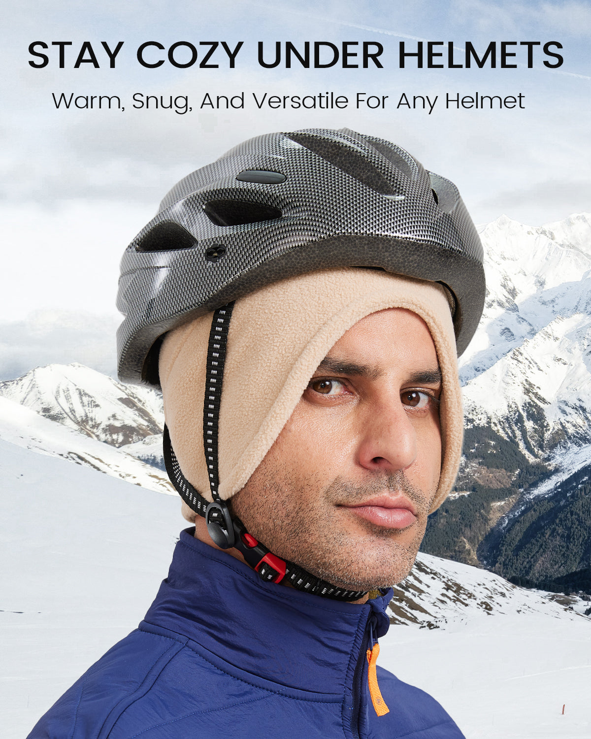 Beige thermal skull cap with face cover for big heads - on model lifestyle photo