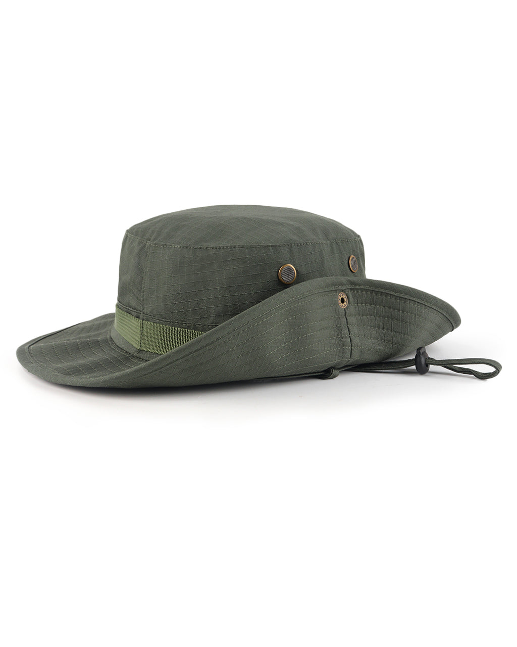 Army green tactical boonie sun hat for big heads - brim snap button detail