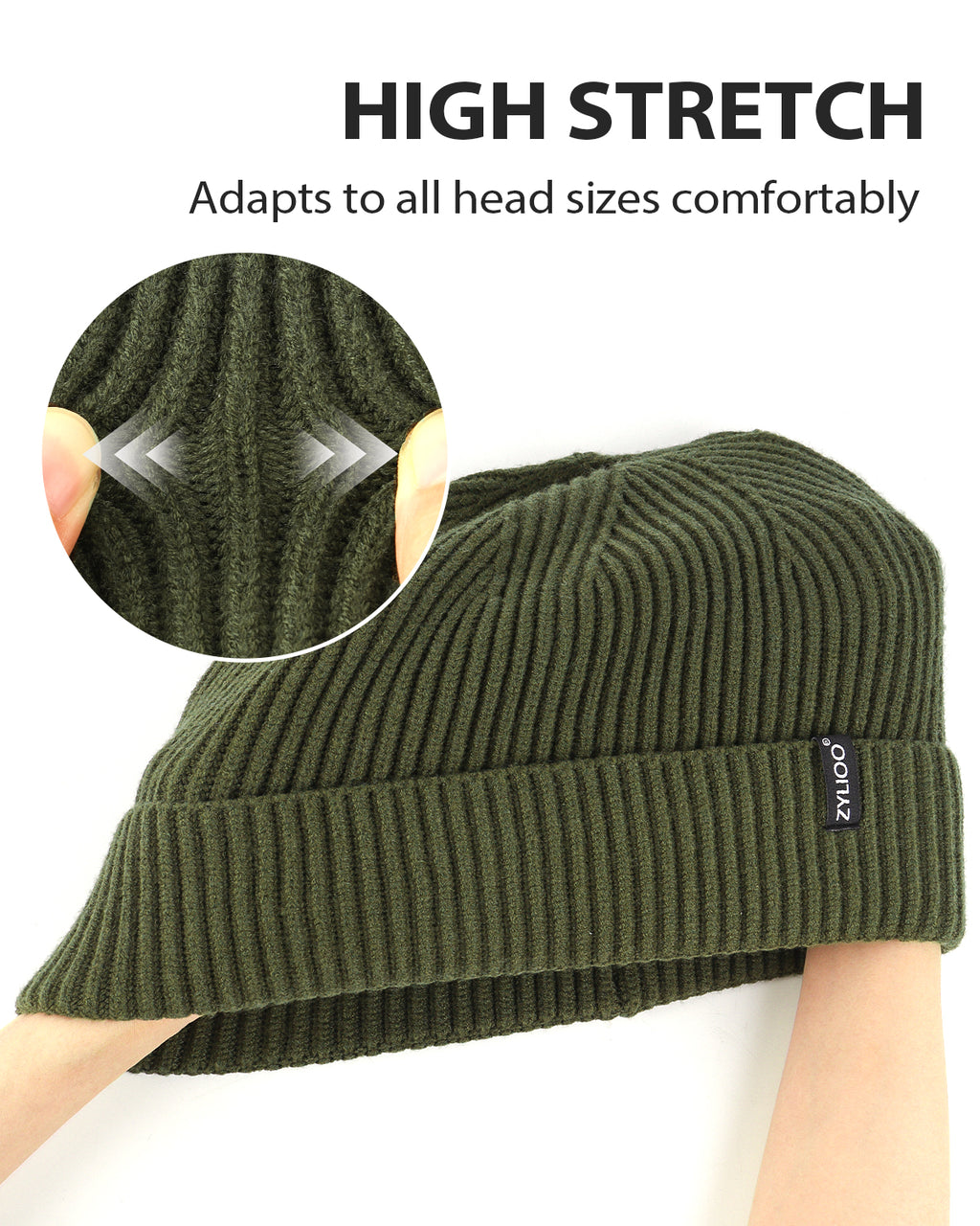 Army green ribbed knit beanie for big heads - stretchy ribbed fabric detail