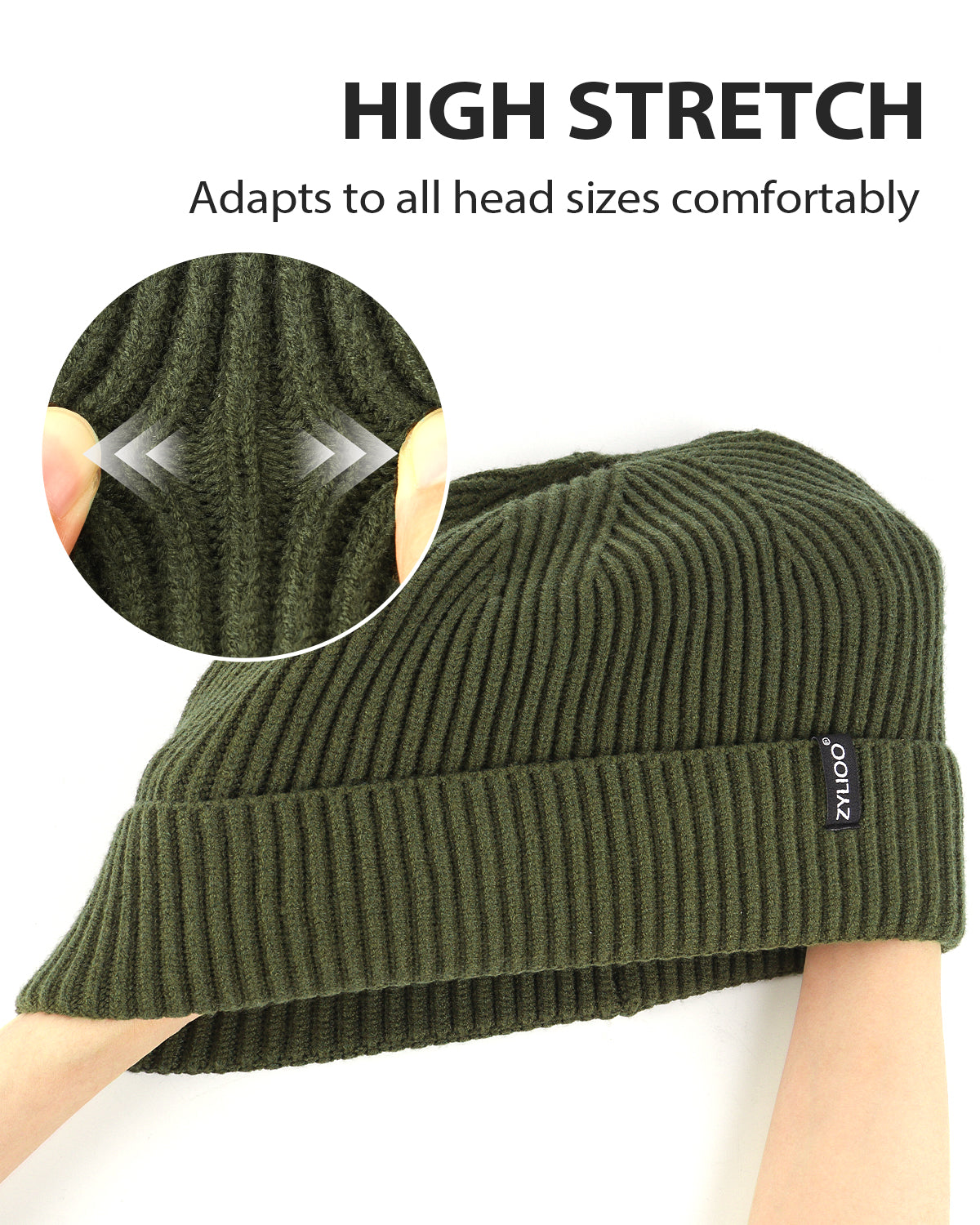 Army green ribbed knit beanie for big heads - stretchy ribbed fabric detail