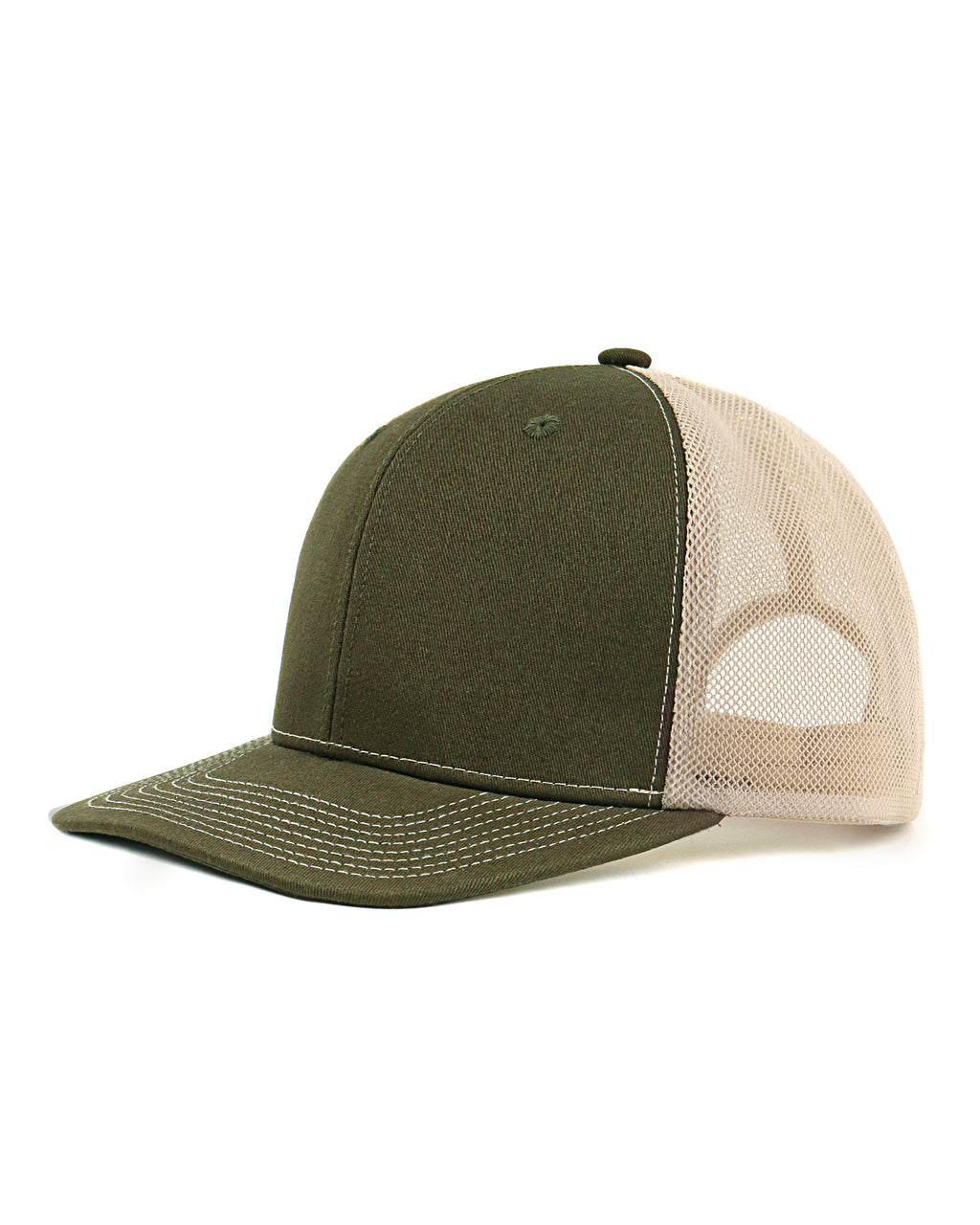 Army green khaki mid profile snapback mesh trucker hat for big heads XXL - front view - Zylioo