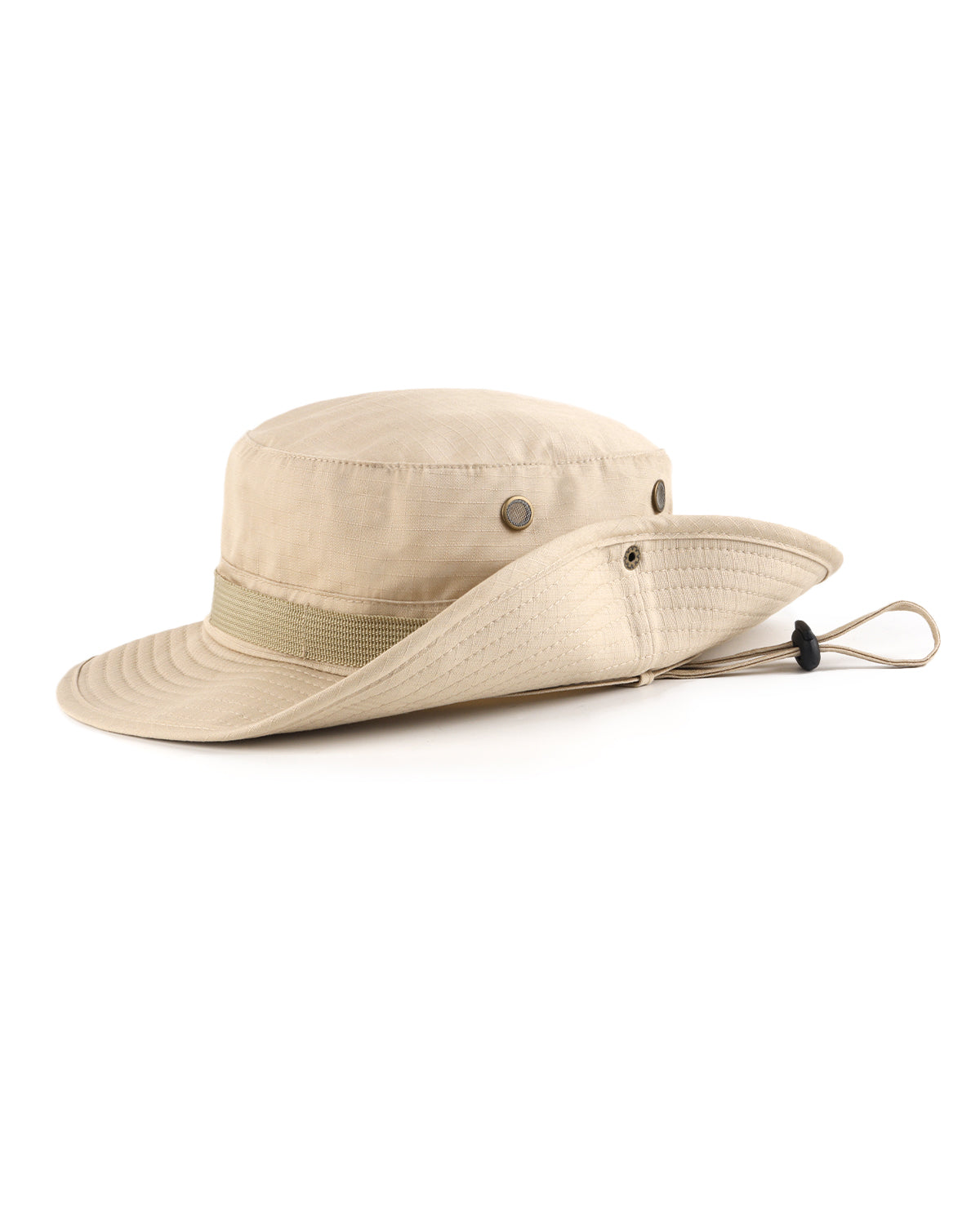 Beige tactical boonie sun hat for big heads - brim snap button detail