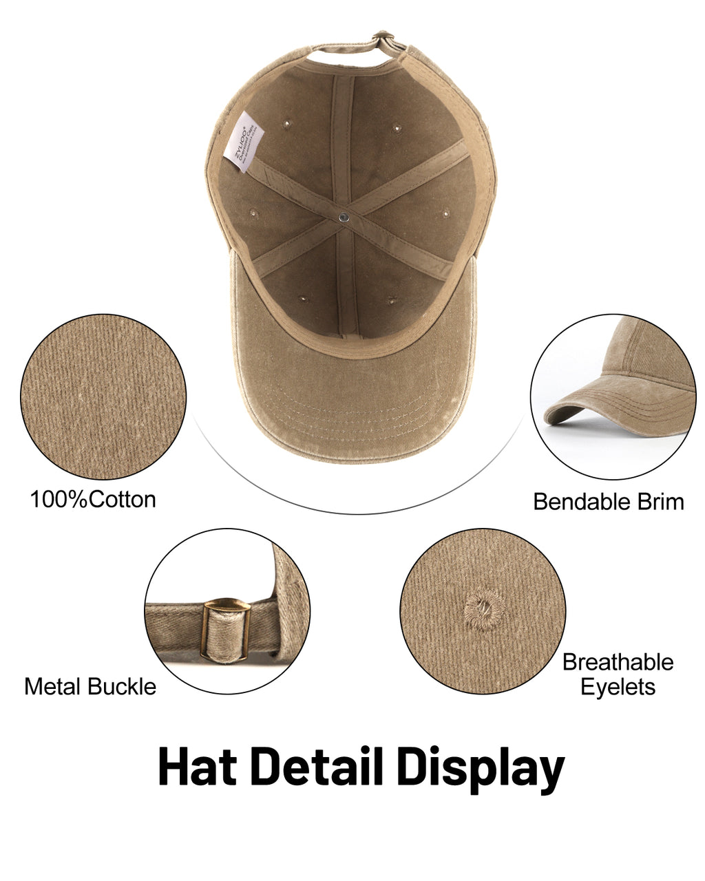  Khaki washed denim baseball cap for big heads - interior sweatband detail
