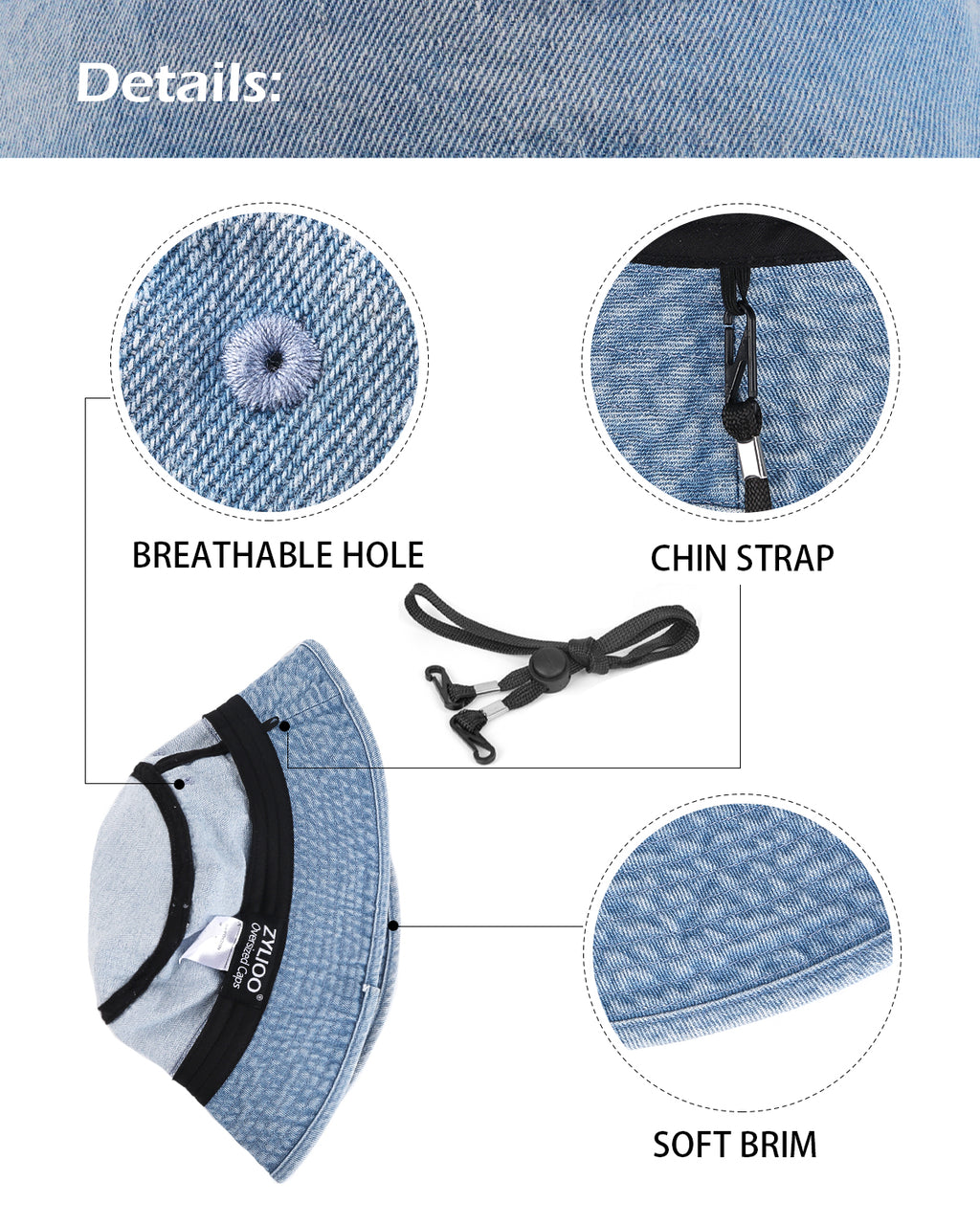 Washed denim bucket hat interior lining and construction detail in light blue