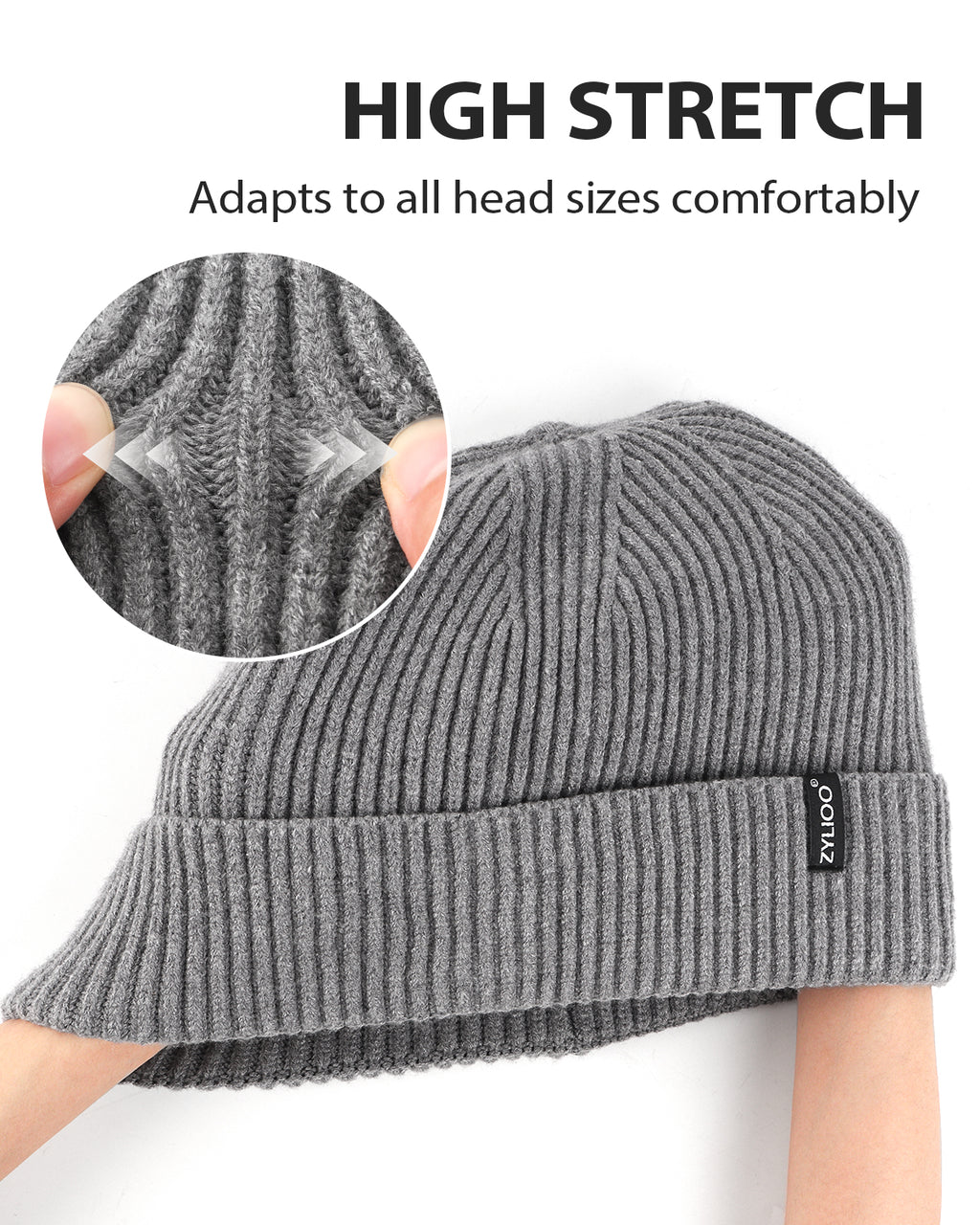 Gray ribbed knit beanie for big heads - stretchy ribbed fabric detail